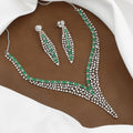 Silver Toned Luxurious Emerald Green & CZ V-Neck Necklace Set