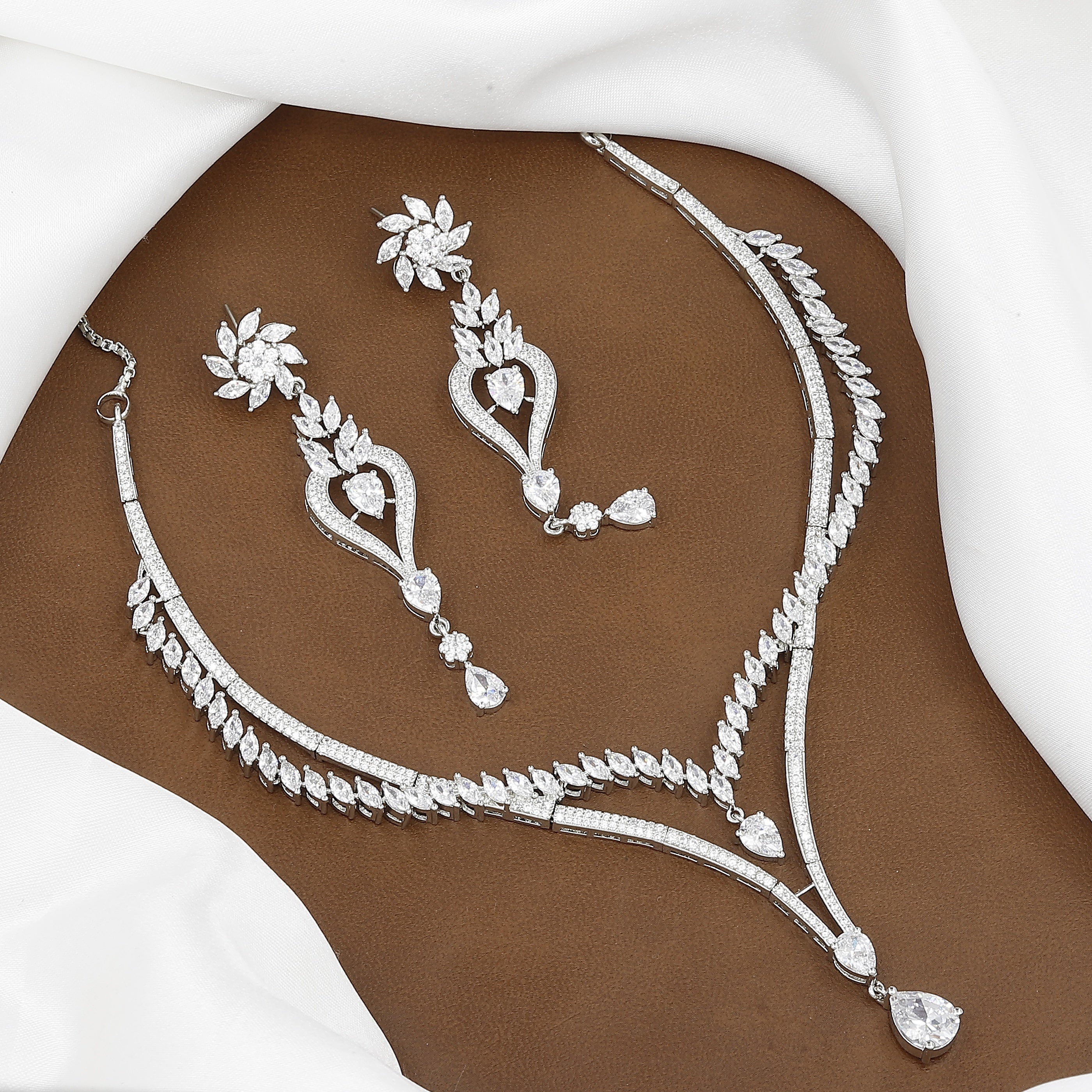 Elegant Silver-Tone CZ Y-Necklace and Drop Earring Set