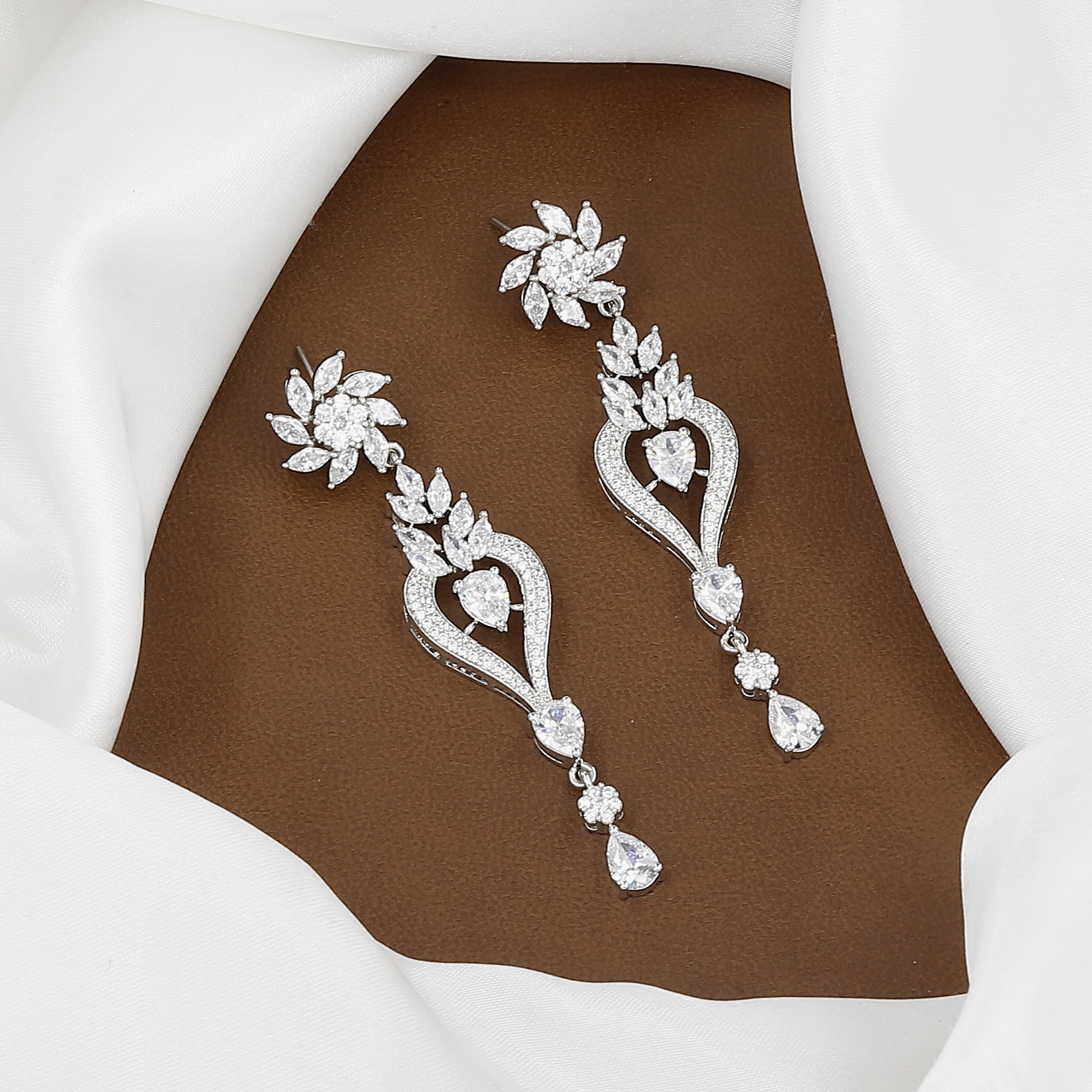 Elegant Silver-Tone CZ Y-Necklace and Drop Earring Set