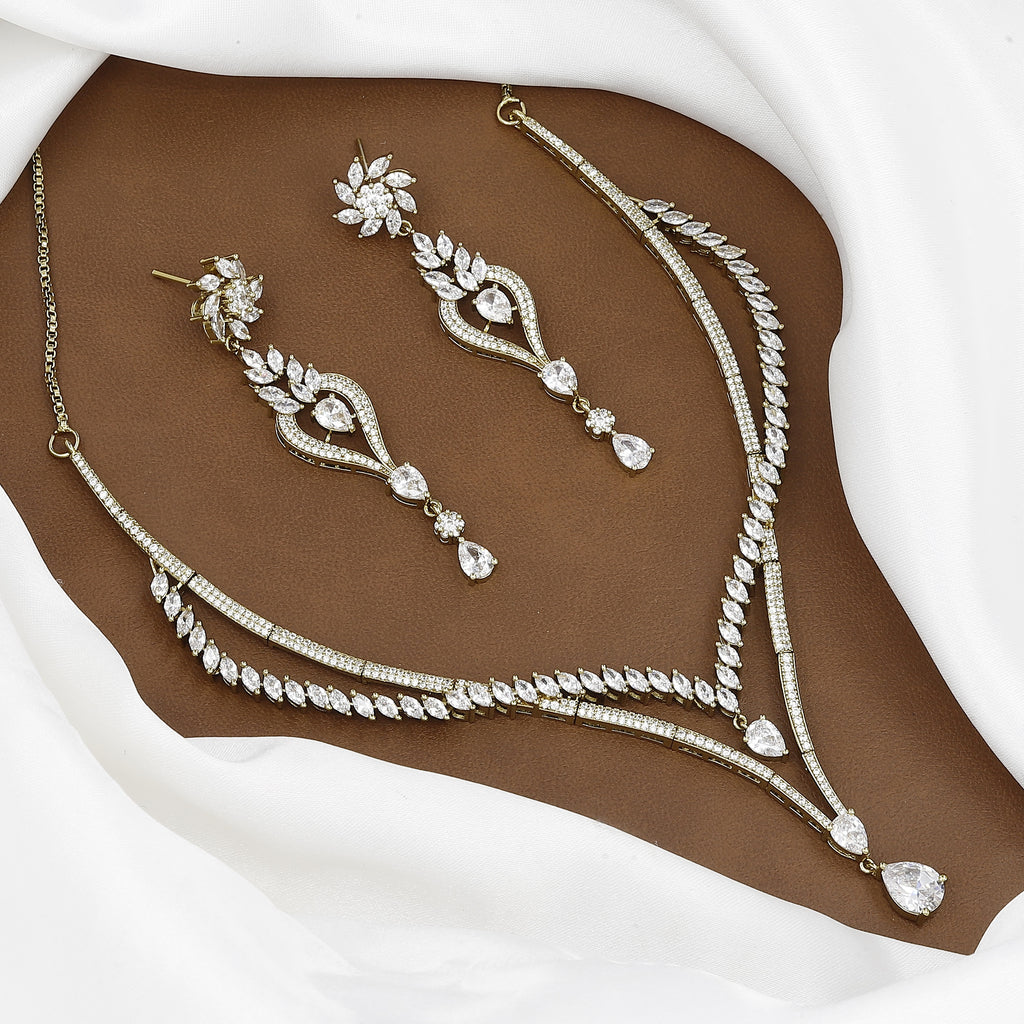 Elegant Mehndi-Polish CZ Y-Necklace and Drop Earring Set