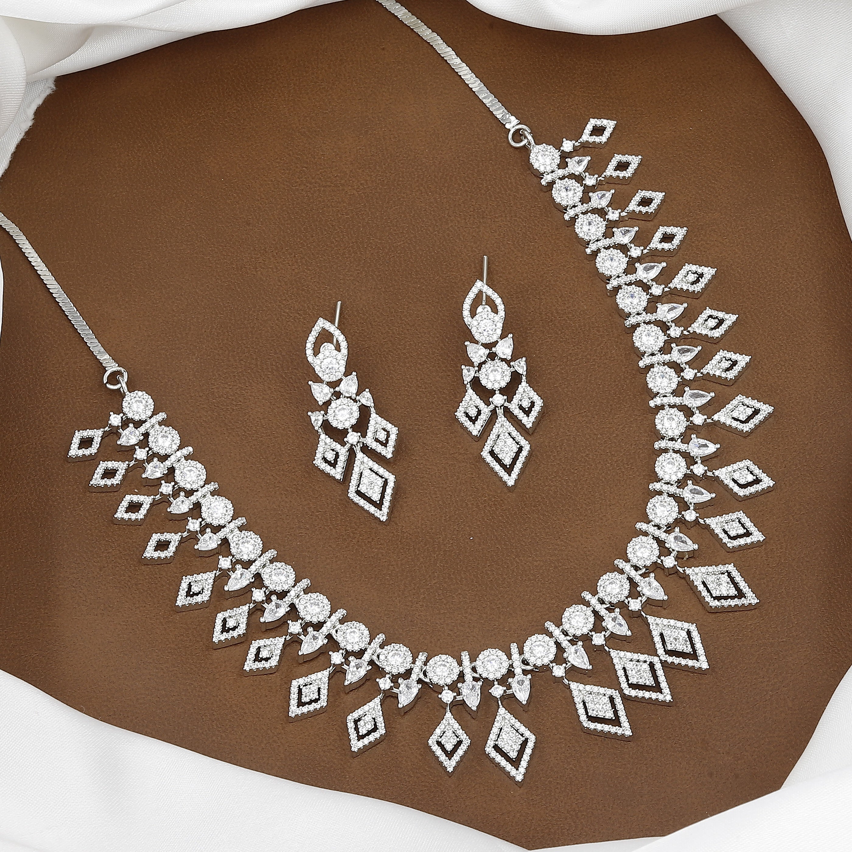 Silver Toned Kite/Rhombus Shaped CZ Drop Diamond Necklace Set