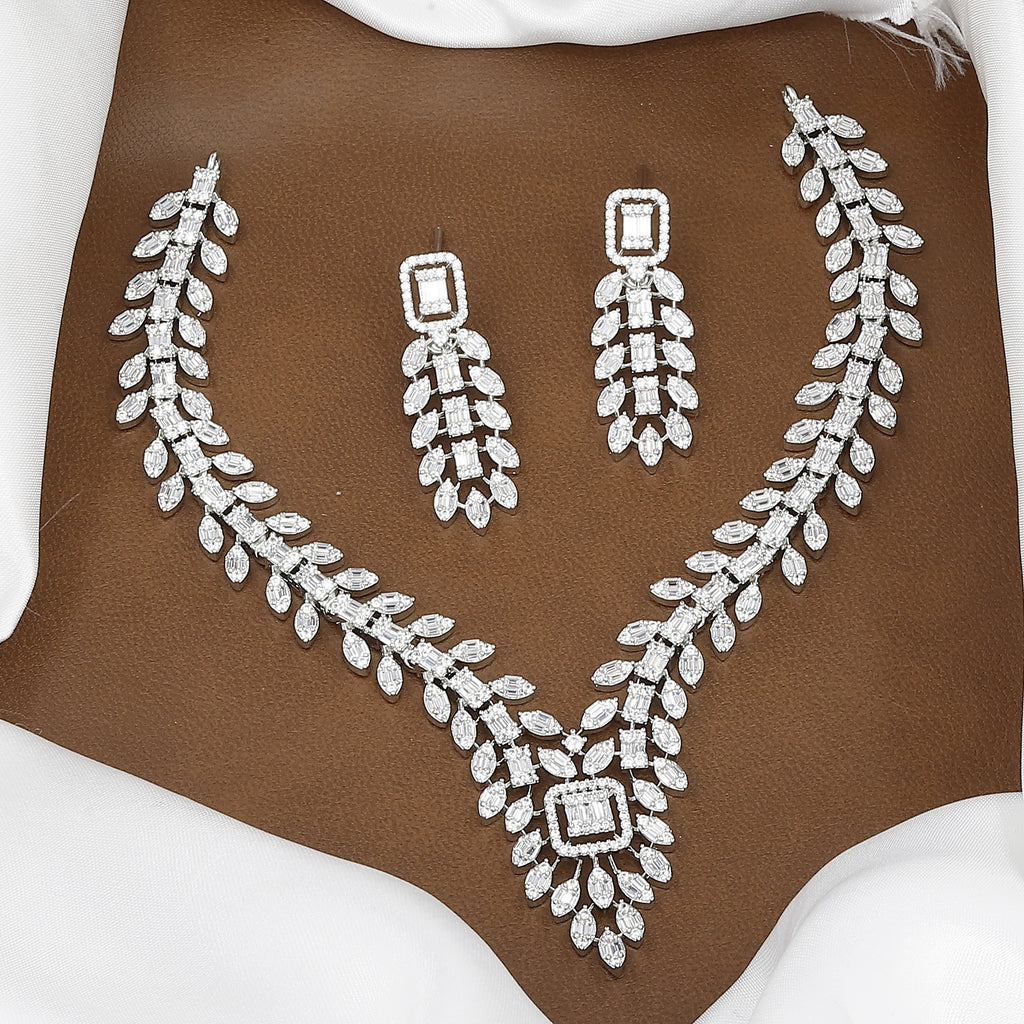 Marquise & Baguette Cut CZ Leaf Design Necklace Set