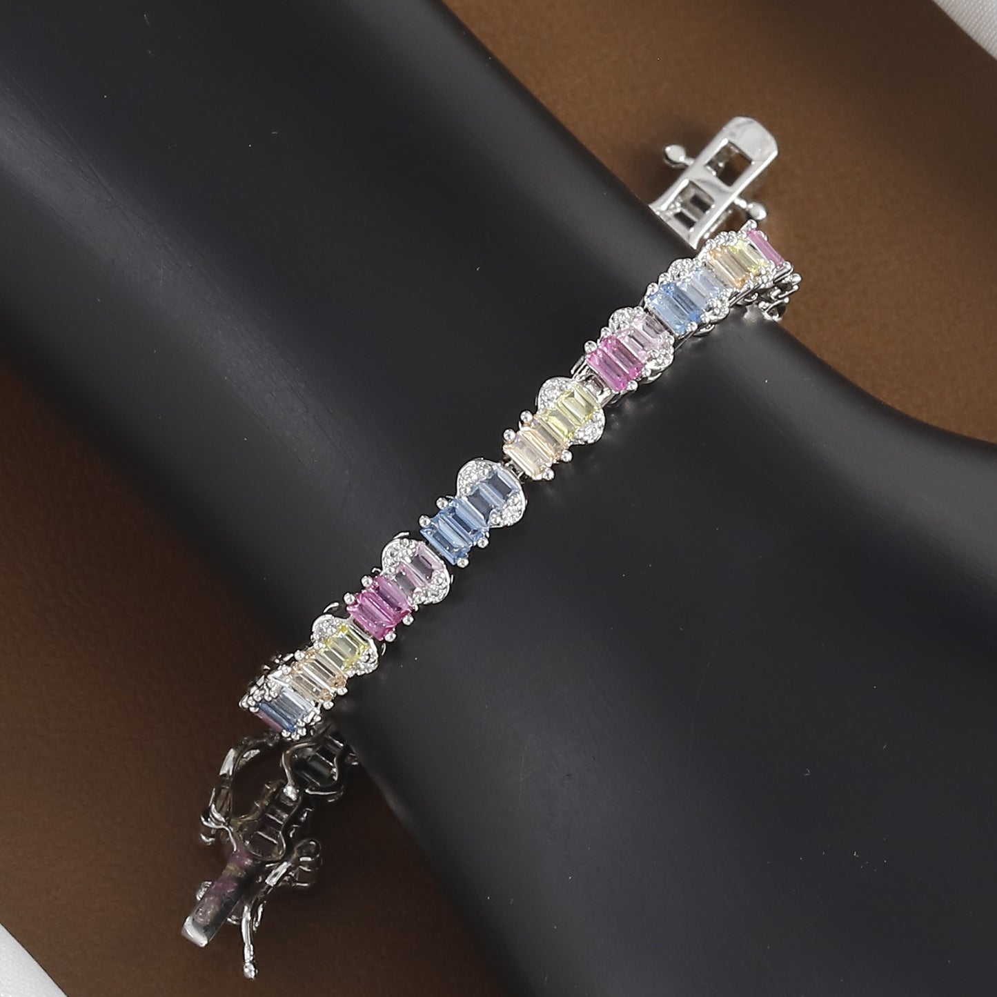 Pastel Multi-Color Baguette Gemstone Line Diamond Bracelet