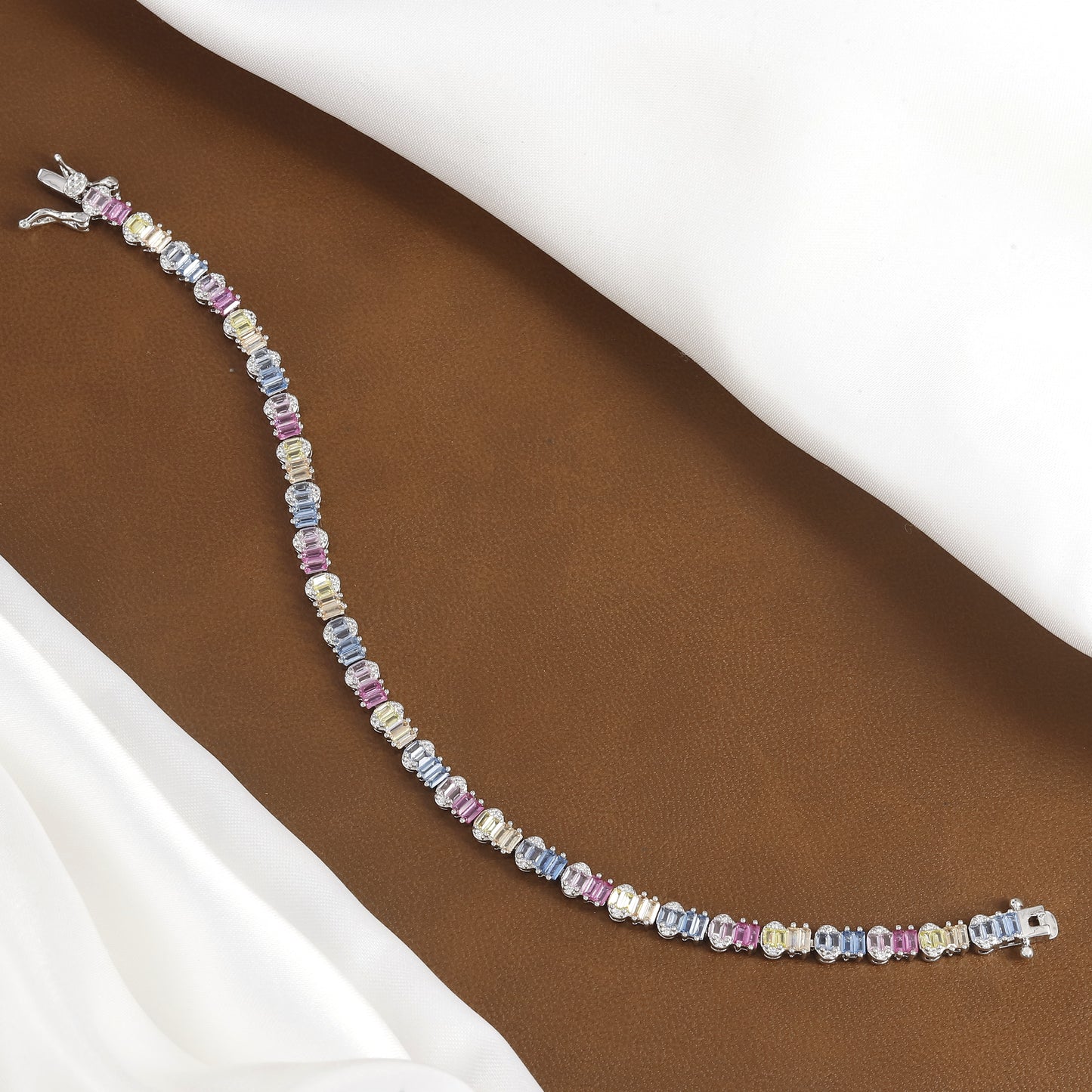 Pastel Multi-Color Baguette Gemstone Line Diamond Bracelet