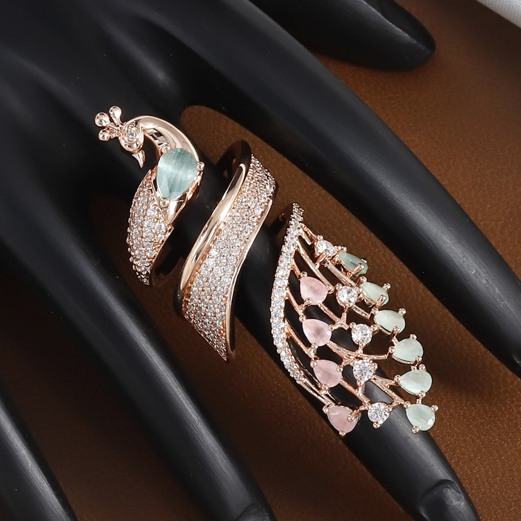 Rose Gold Peacock Wrap Ring - Mint Green & Pink Stone Statement Finger Ring
