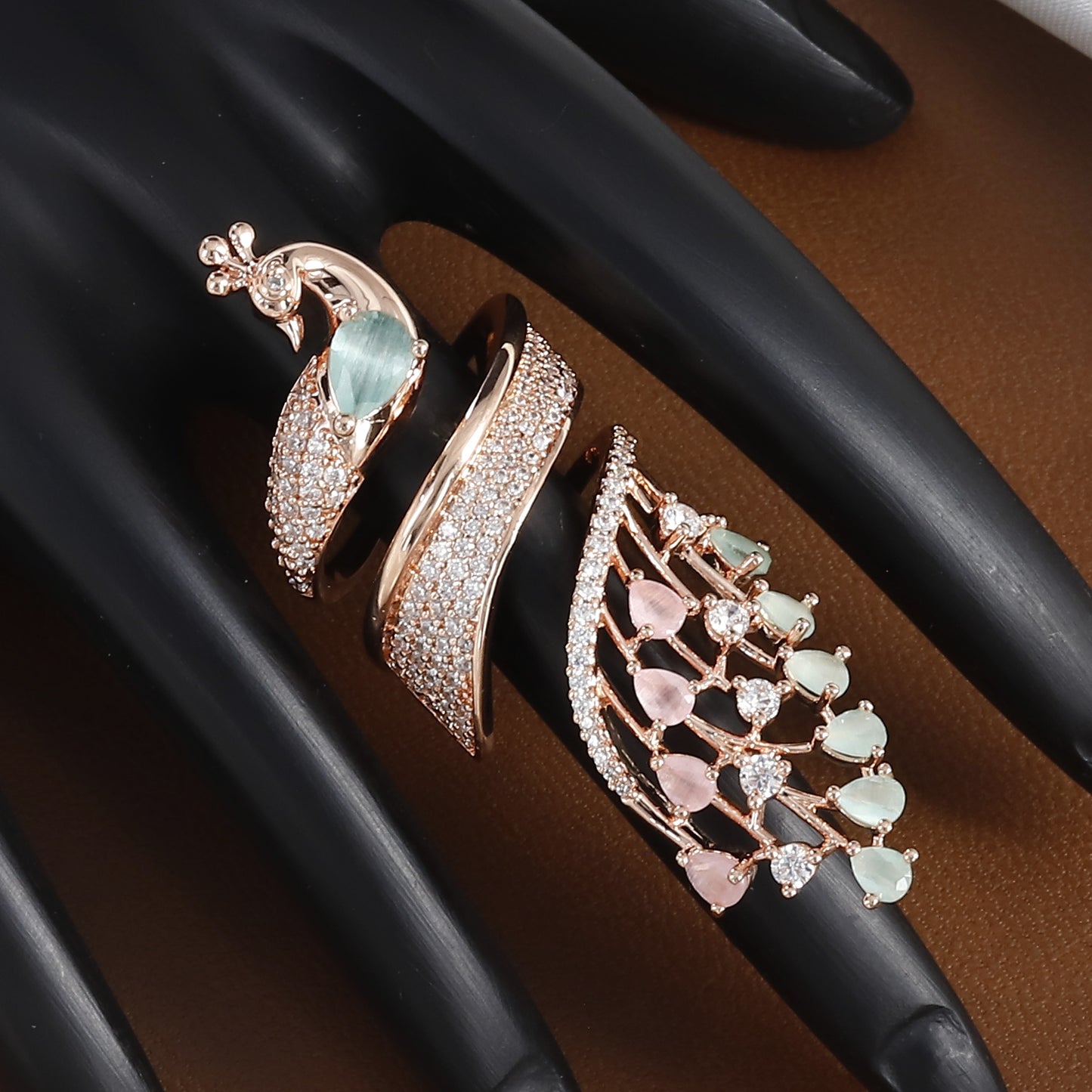 Rose Gold Peacock Wrap Ring - Mint Green & Pink Stone Statement Finger Ring
