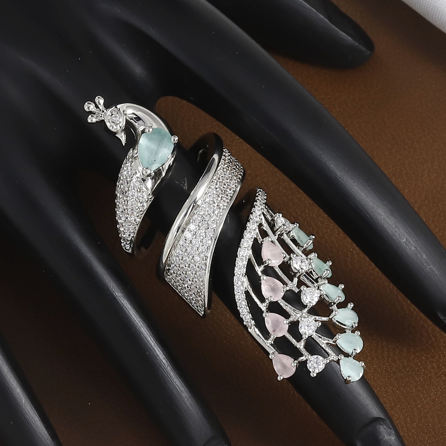 Silver Polished Peacock Wrap Ring - Mint Green & Pink Stone Statement Finger Ring