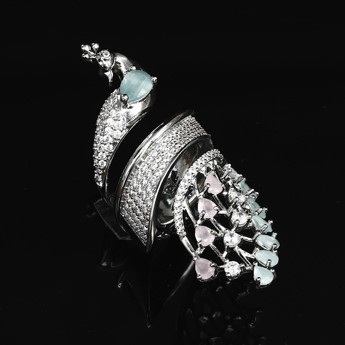 Silver Polished Peacock Wrap Ring - Mint Green & Pink Stone Statement Finger Ring