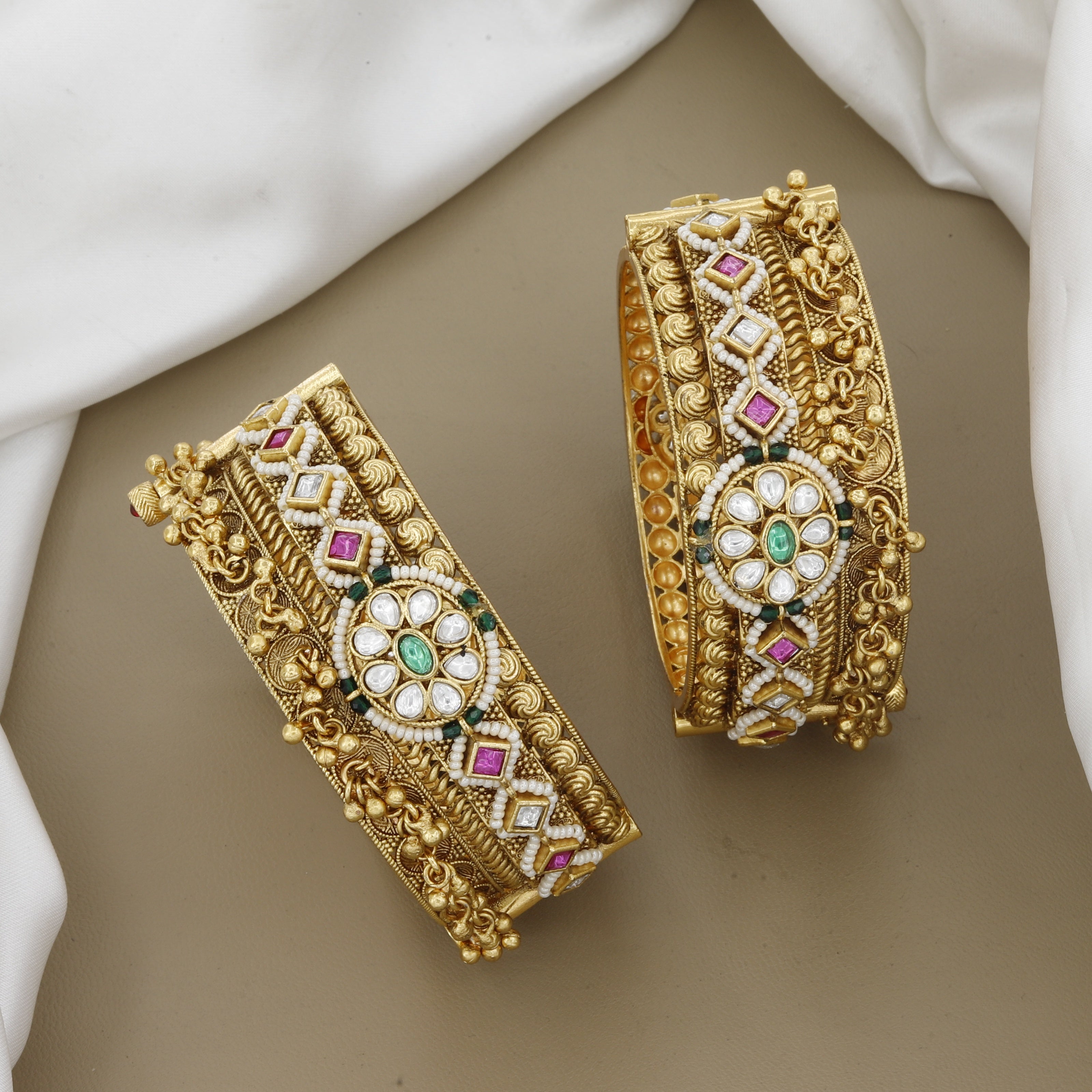 Broad Gold Tone Patlas with Kundan, Meena, and Pearls