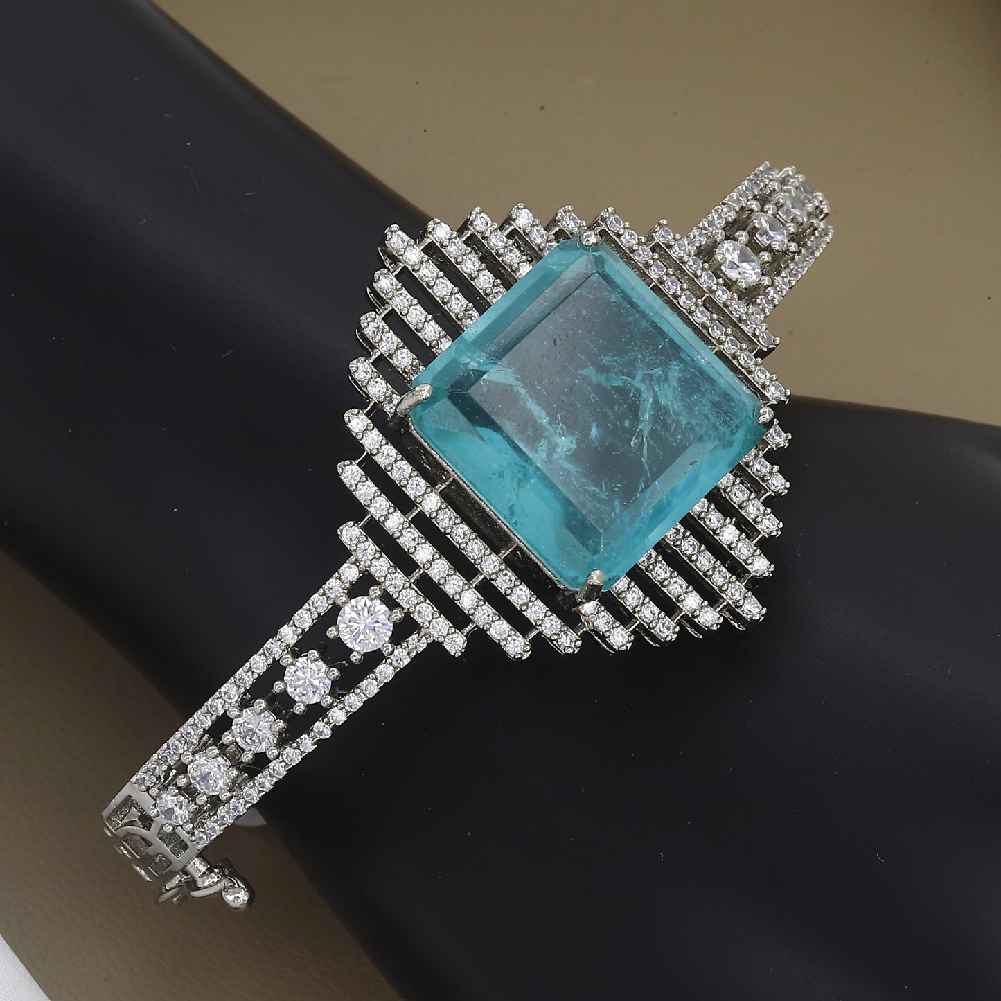 Vintage-Inspired Diamond & Teal Stone Bangle Kada
