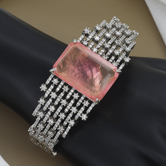 Modern Luxury Pink Stone & Pave Diamond Kada Bracelet