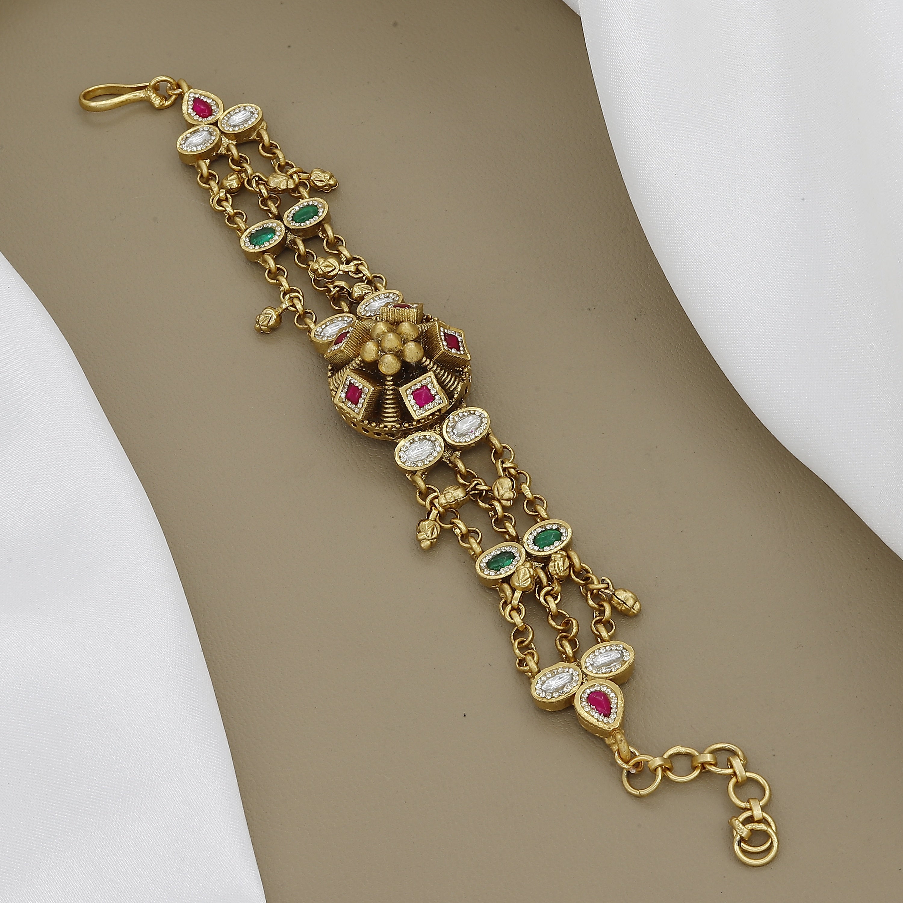 Delicate Gold Plated Chain Bracelet with Ruby, Emerald & Kundan