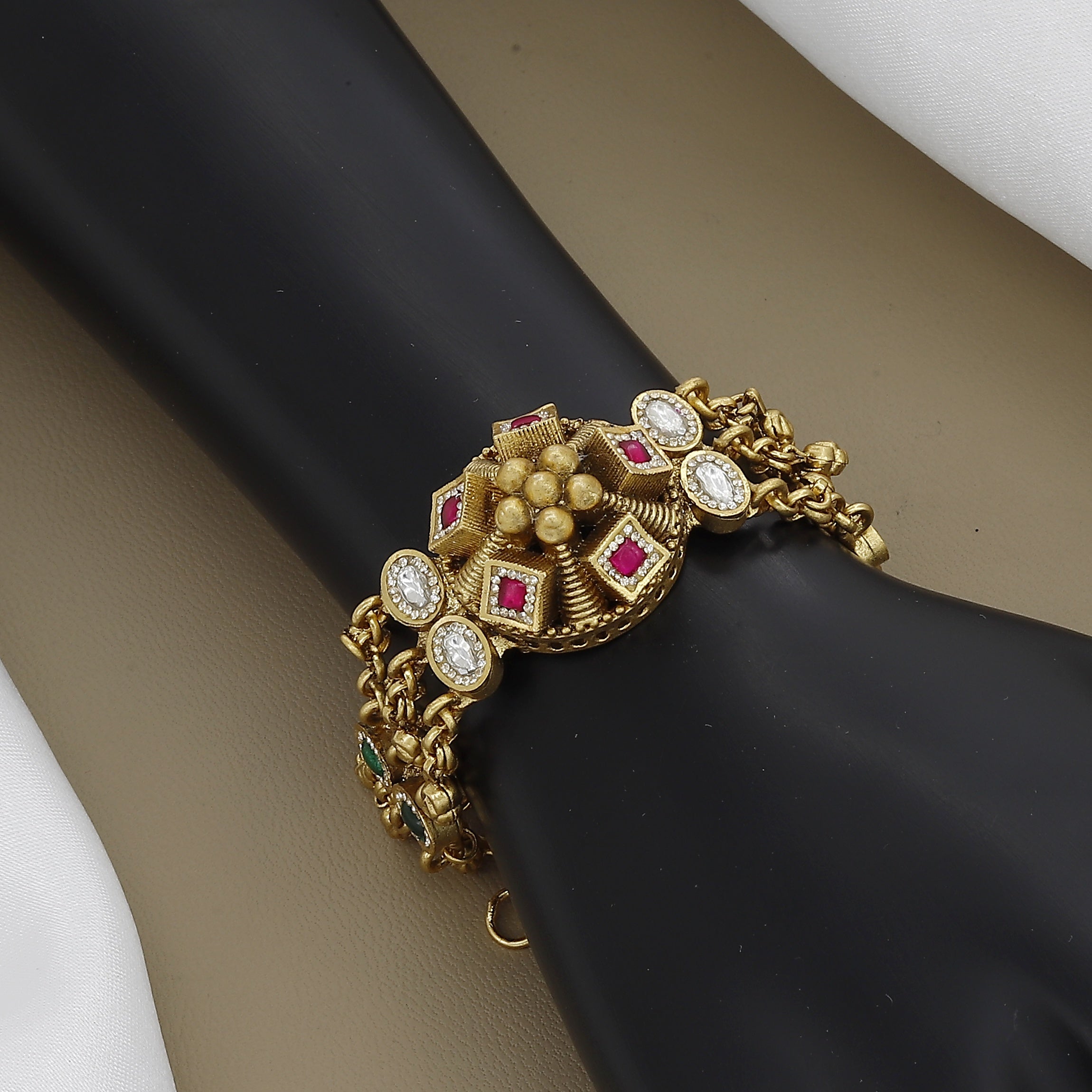 Delicate Gold Plated Chain Bracelet with Ruby, Emerald & Kundan