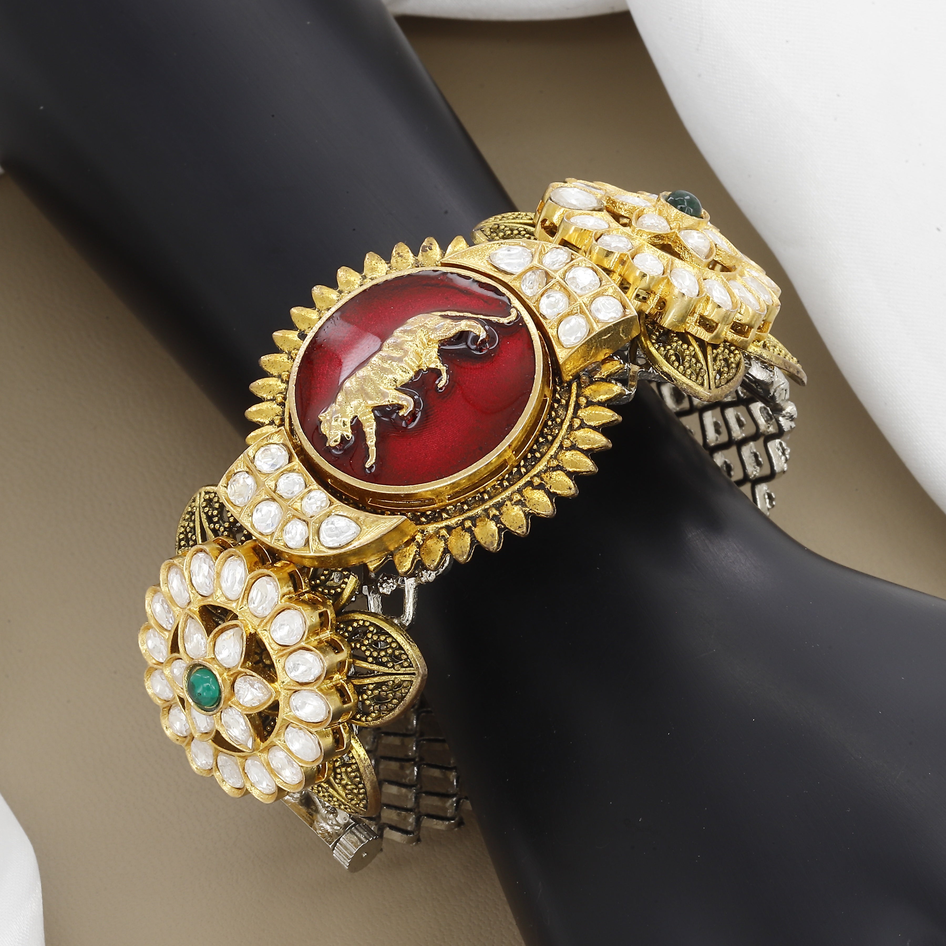 Traditional Kundan Stone Royal Tiger Design Gold-Plated Kada