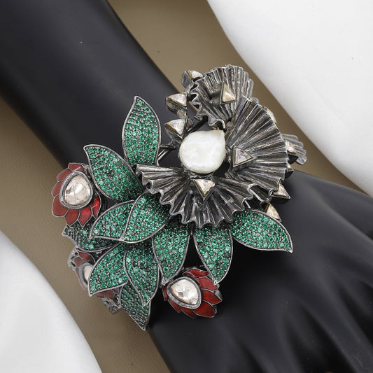 Oxidized Black Polish Floral Style Broad Diamond Kada