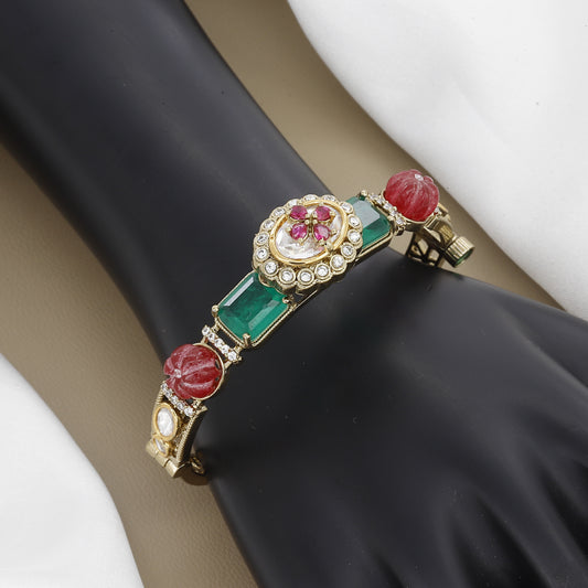 Elegant Kundan Kada with Green & Red Stones (Free-size)
