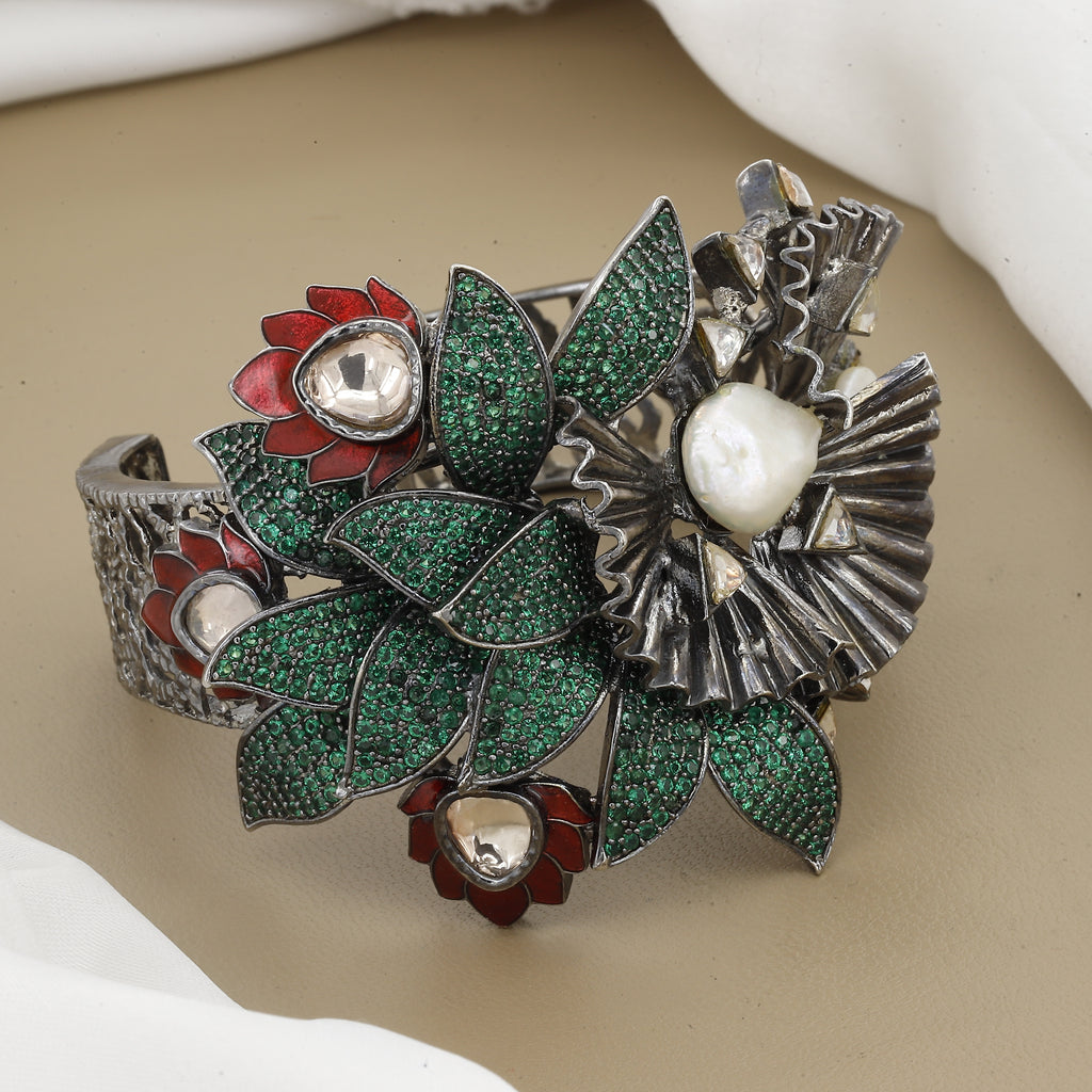 Oxidized Black Polish Floral Style Broad Diamond Kada