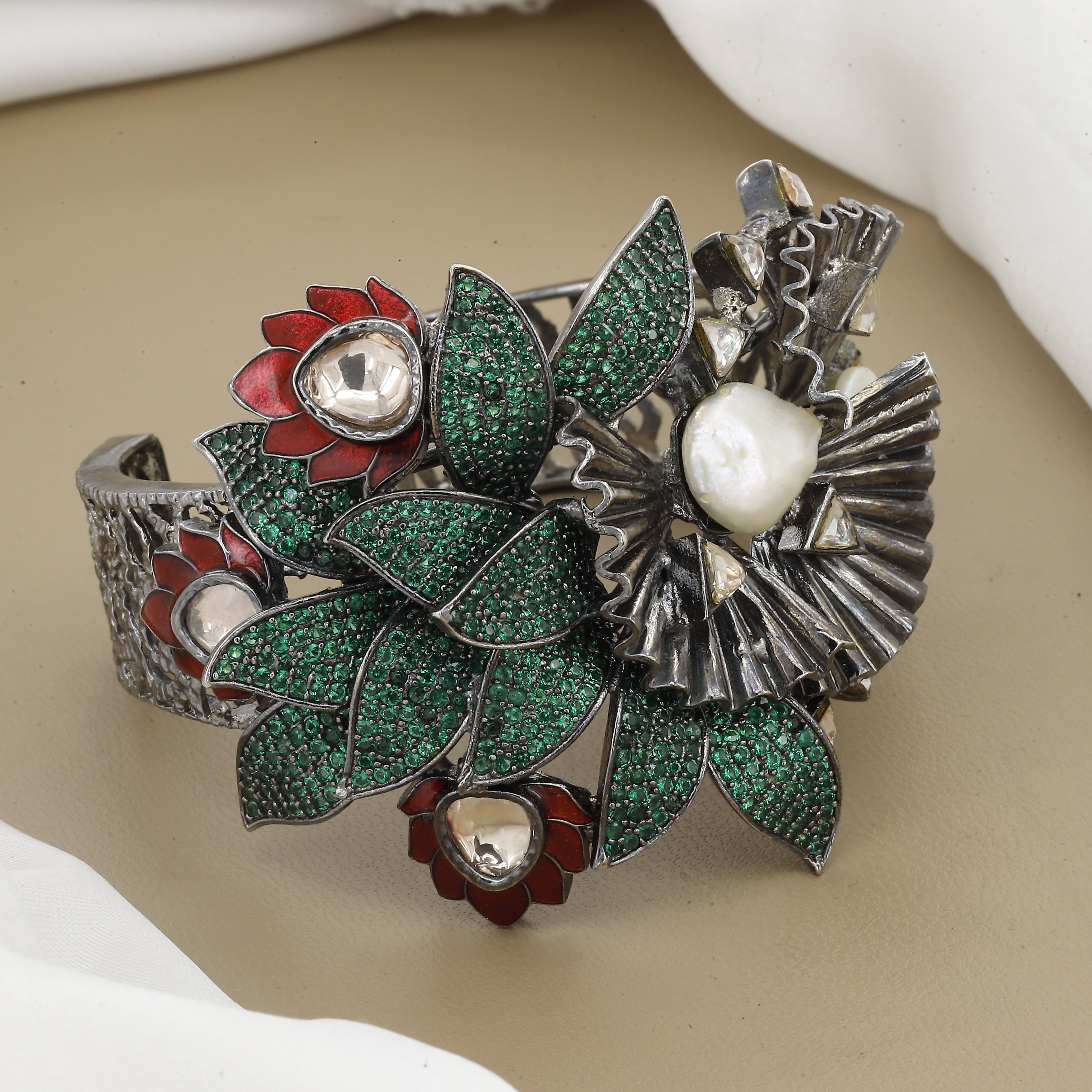 Oxidized Black Polish Floral Style Broad Diamond Kada