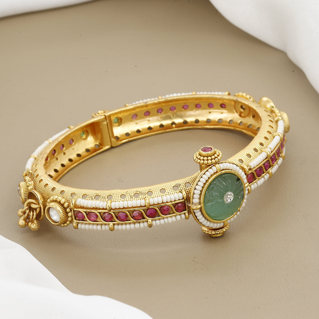 Polki Style Green & Ruby Stone Broad Antique Bangle Kada