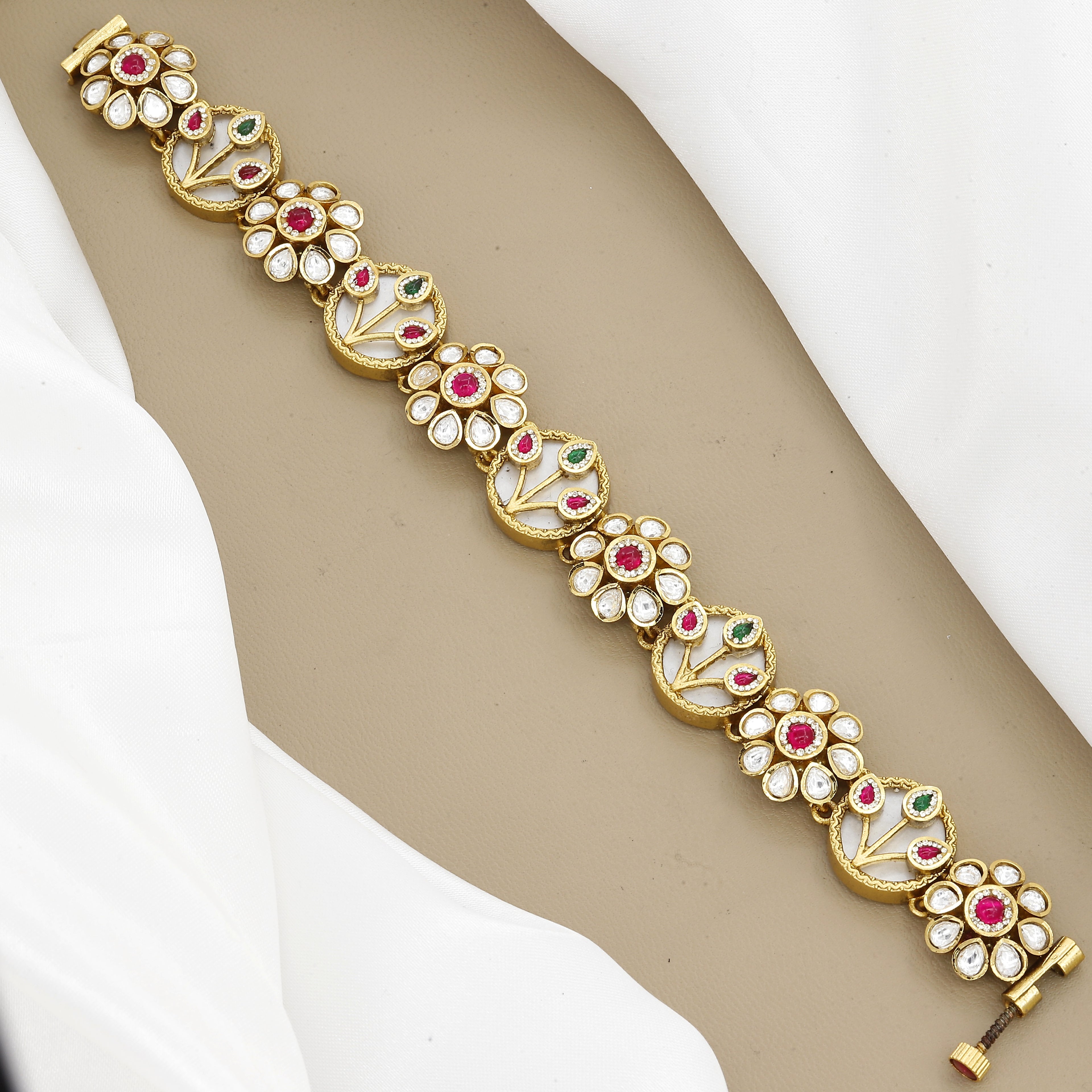 Regal Gold-toned Kundan and Enamel Floral Motif Bracelet