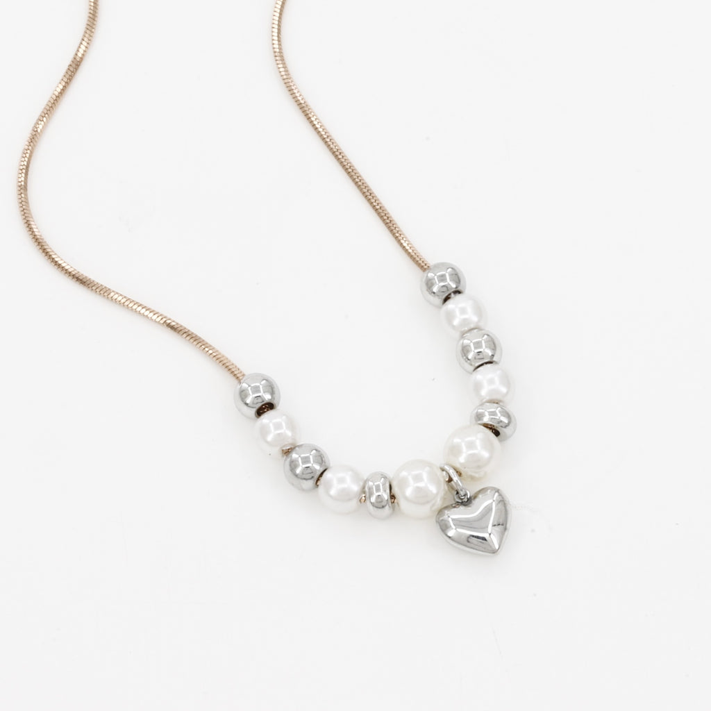 Elegant Pearl & Silver Heart Charm Necklace