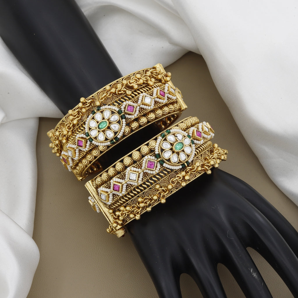Broad Gold Tone Patlas with Kundan, Meena, and Pearls