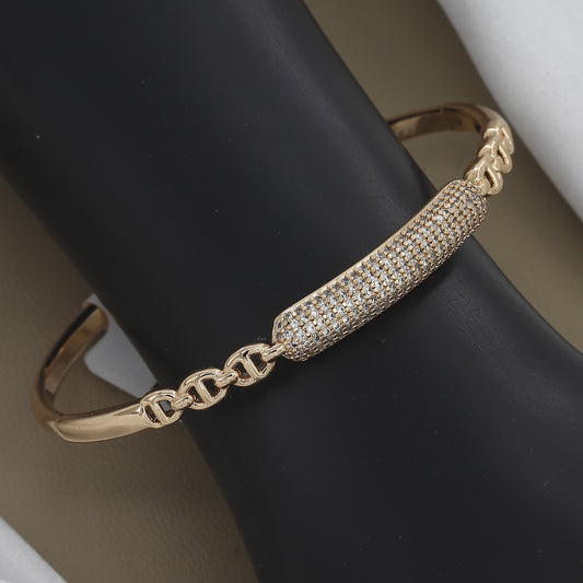 Gold-Tone Pave CZ Bar & Mariner Link Cuff Diamond Kada