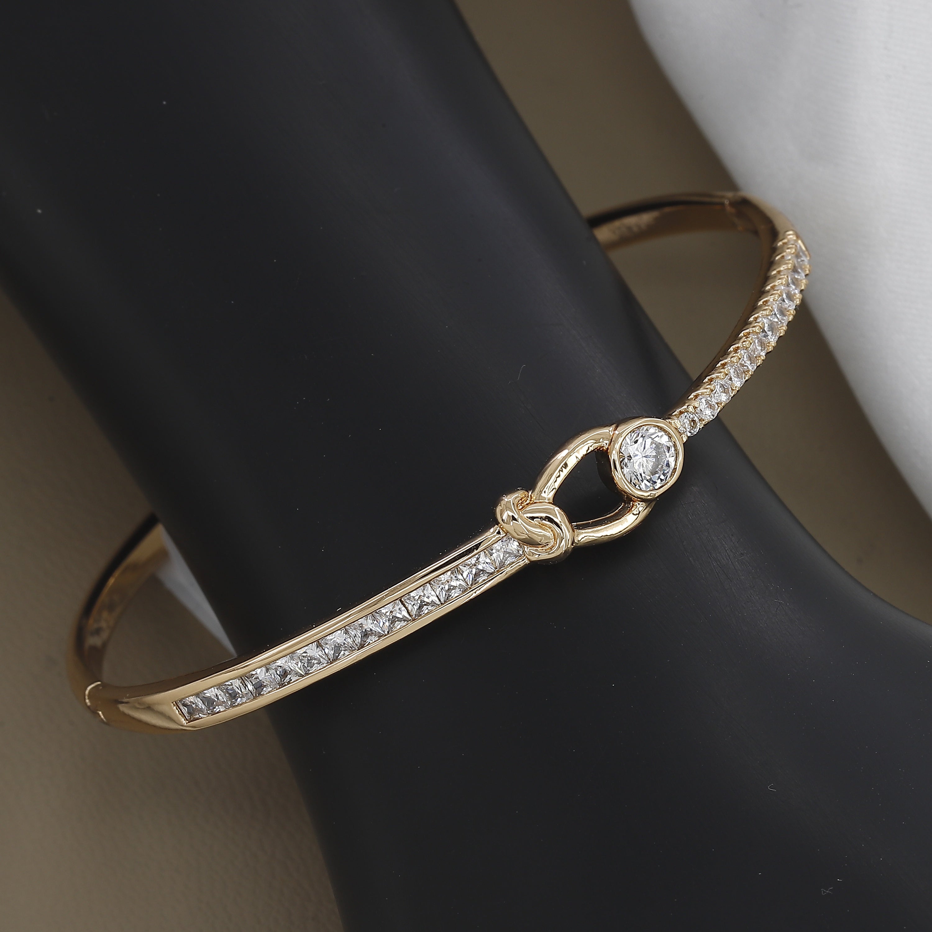 Minimalist Pave Love Knot Cuff in Gold Tone Diamond Kada