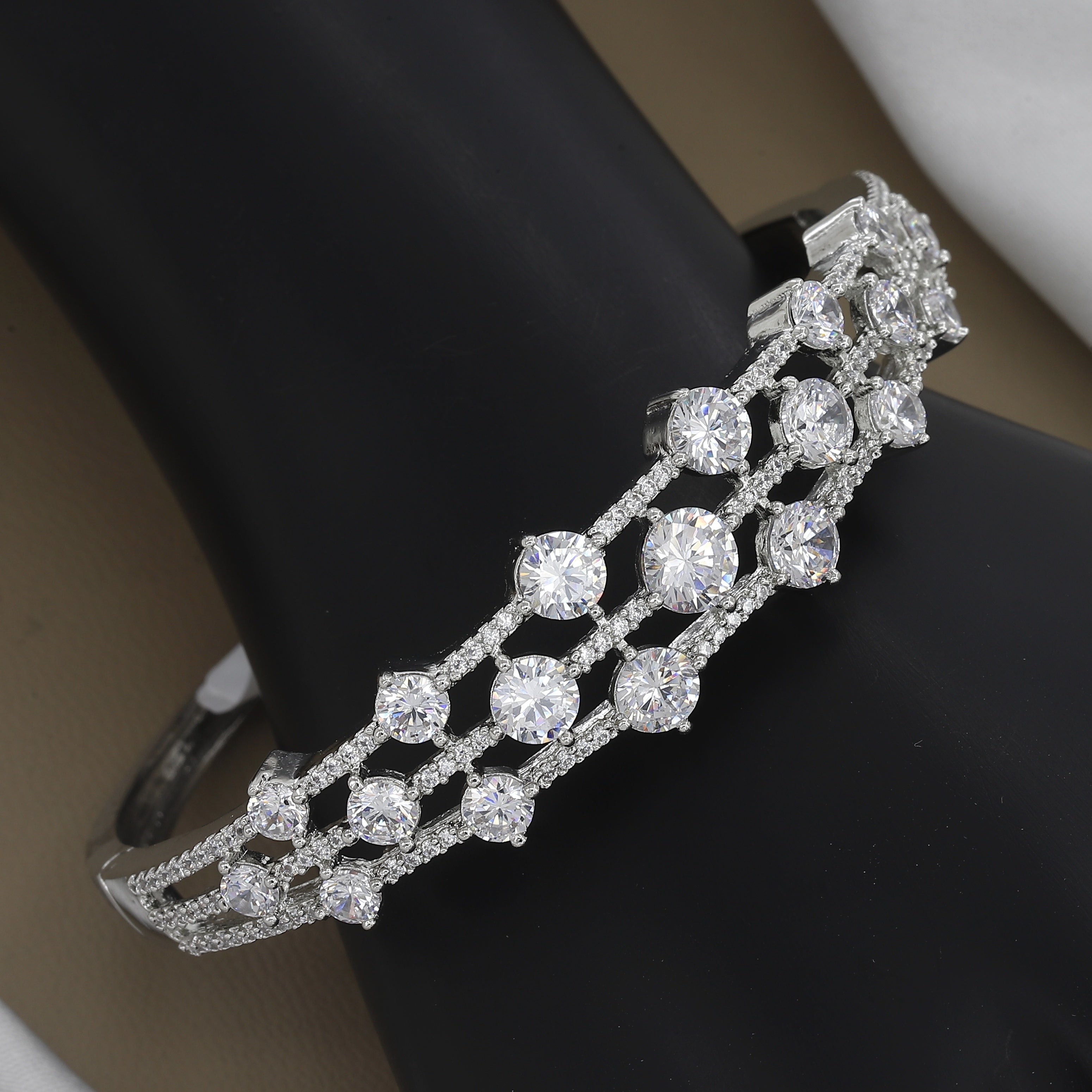 Dazzling Triple-Row Round CZ Statement Diamond Bangle Kada