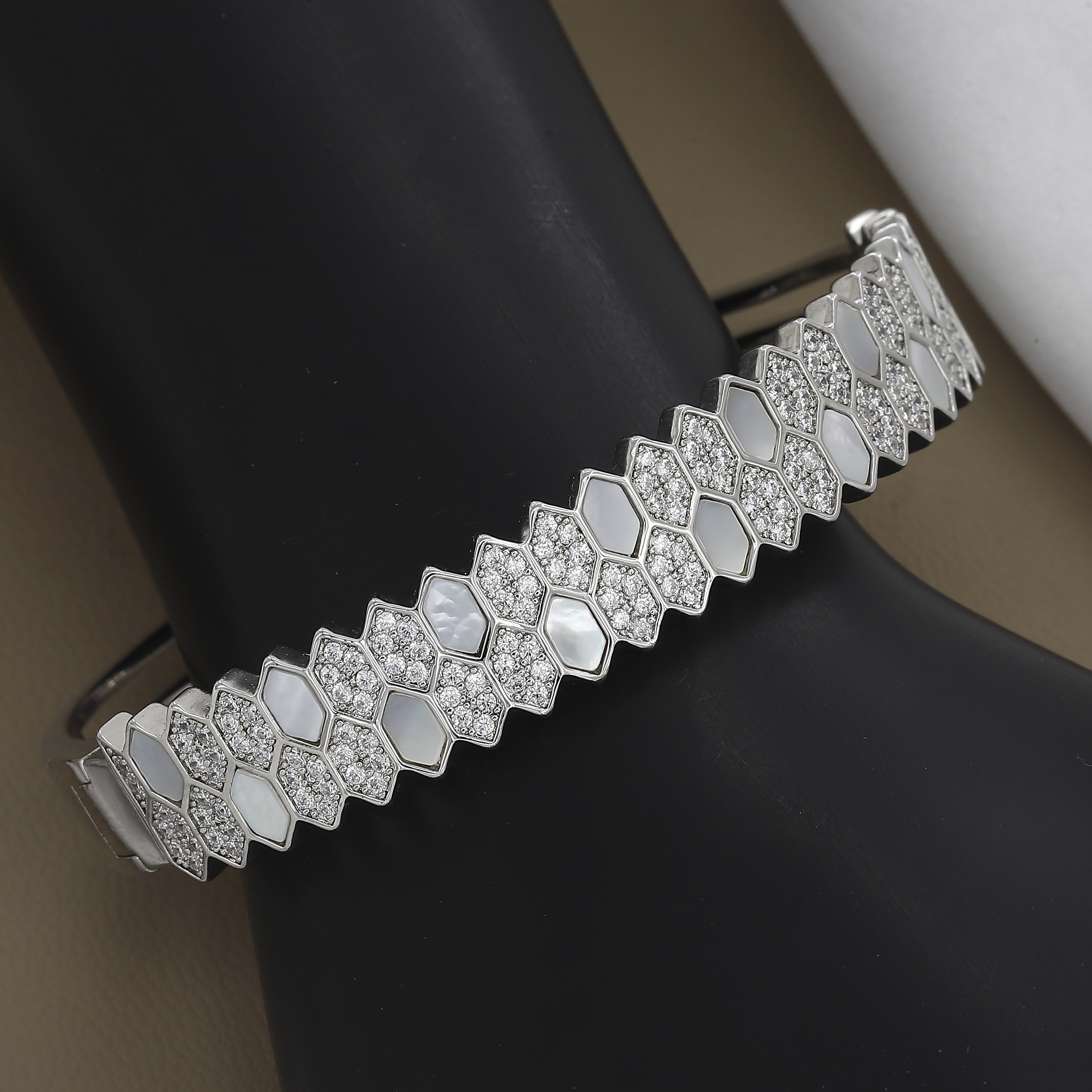 Mother of Pearl & CZ Pave Hexagon Cuff Diamond Bangle Kada