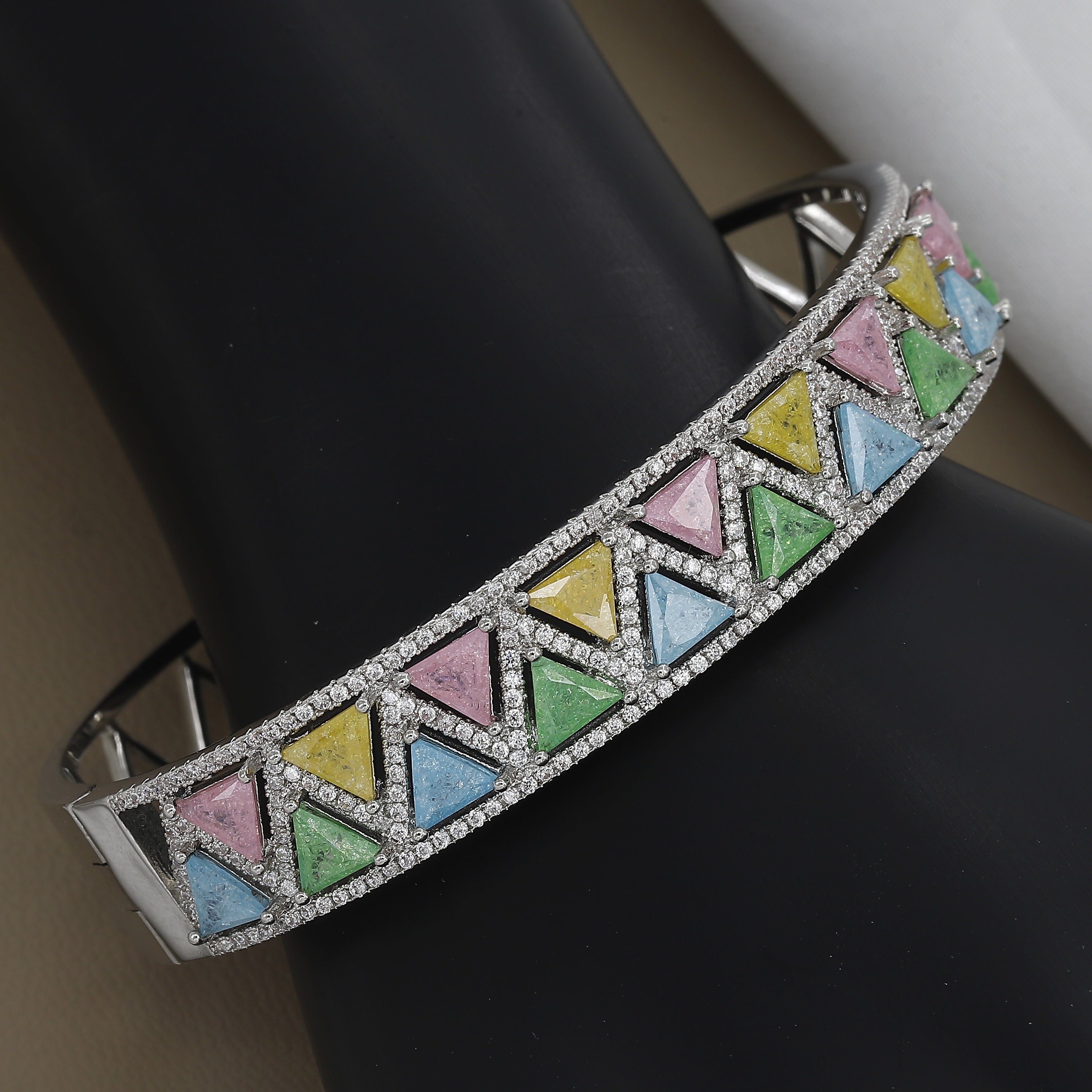 Pastel Enamel Geometric Triangle Wide Cuff Diamond Kada