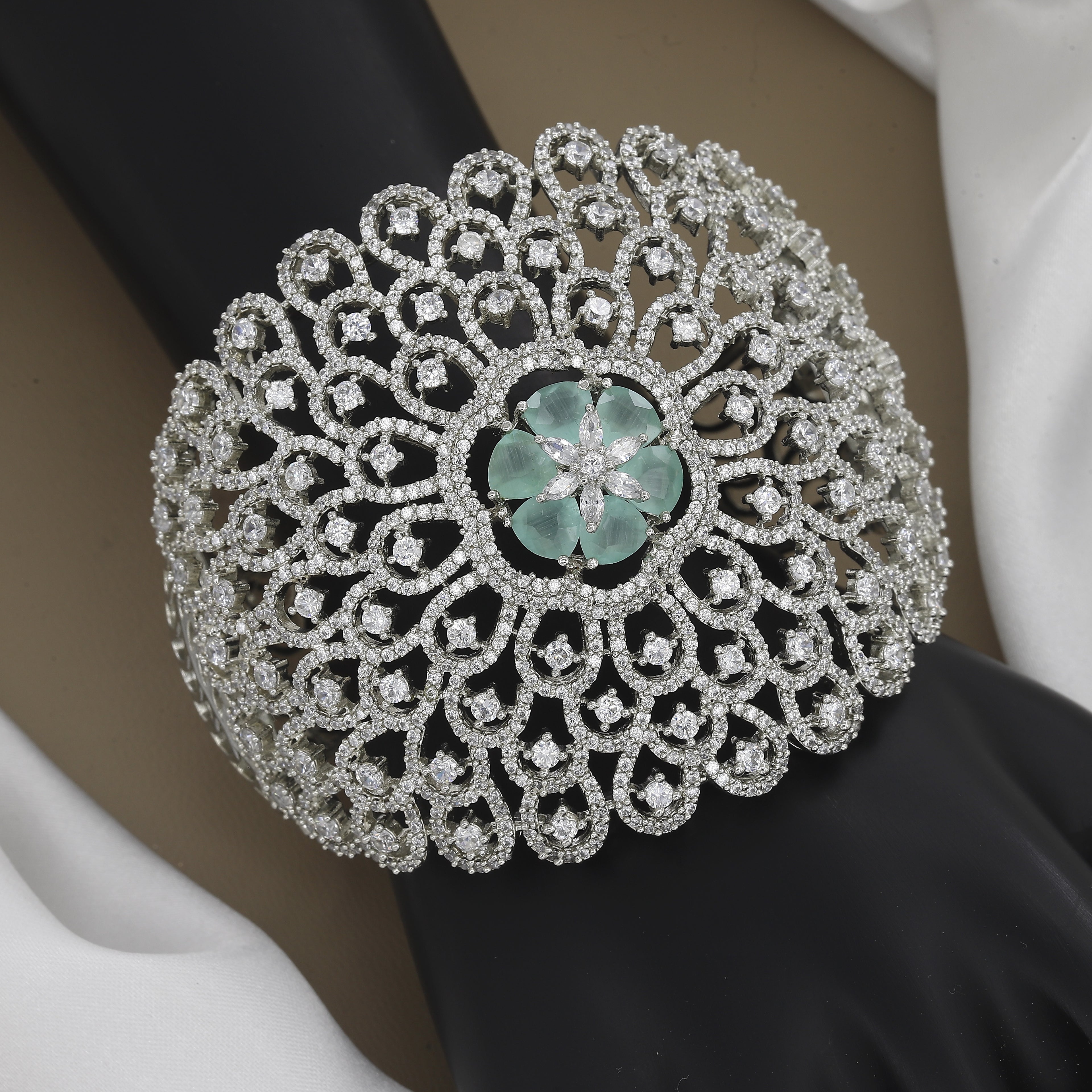 Dramatic Flower Center Diamond Kada With Colors