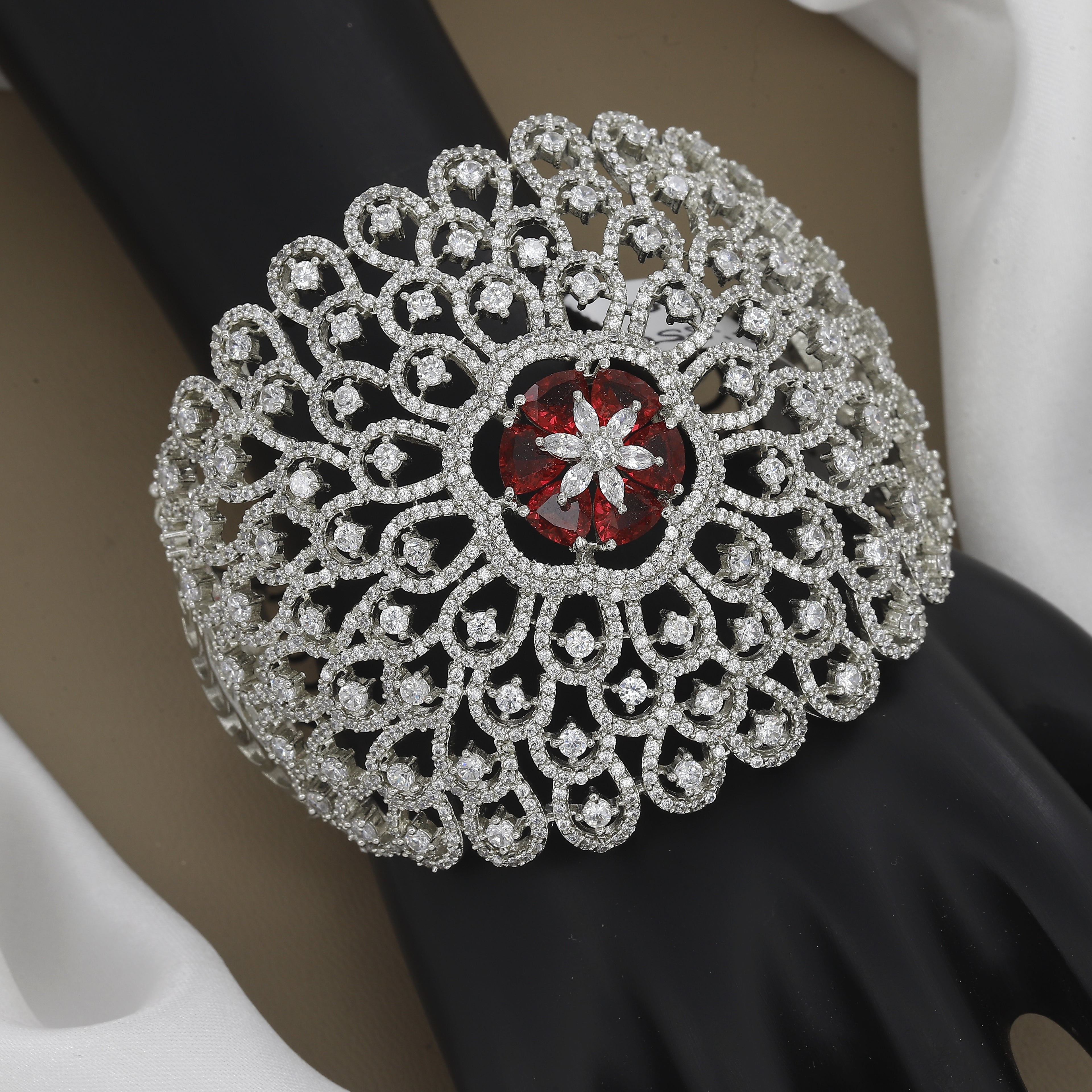 Dramatic Flower Center Diamond Kada With Colors