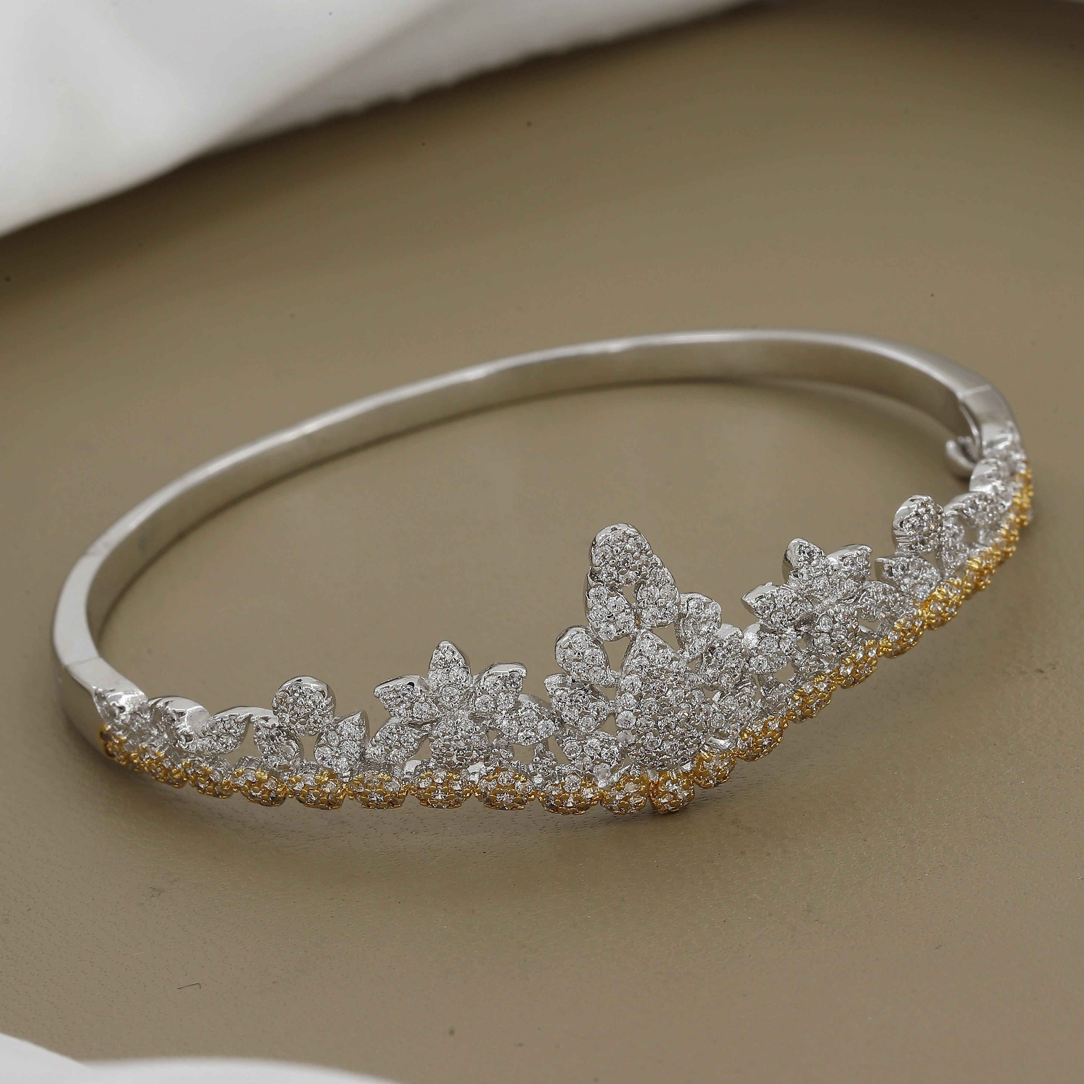 Two-Tone Floral Crown CZ Statement Diamond Kada