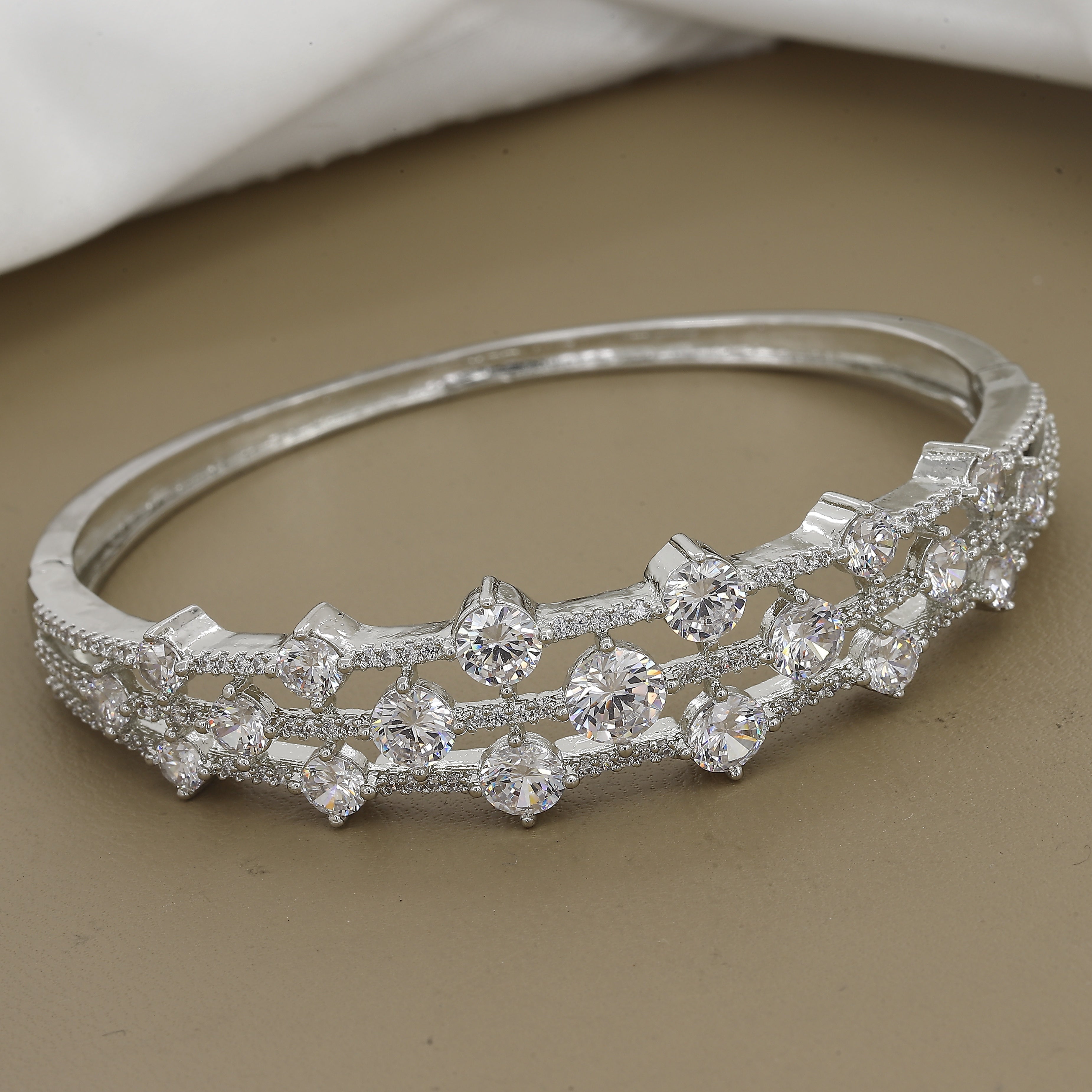 Dazzling Triple-Row Round CZ Statement Diamond Bangle Kada