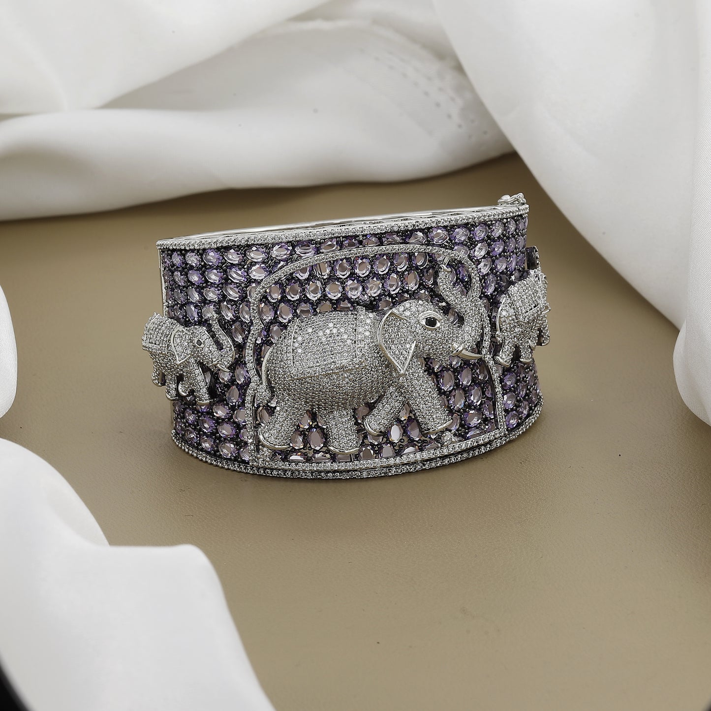 Purple Amethyst-Look Stones Diamond Elephant Cuff Kada