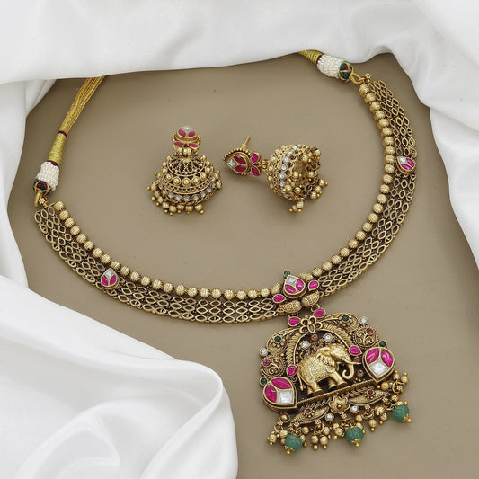 Intricate Antique Gold Tone Necklace with Stone Jhumkas