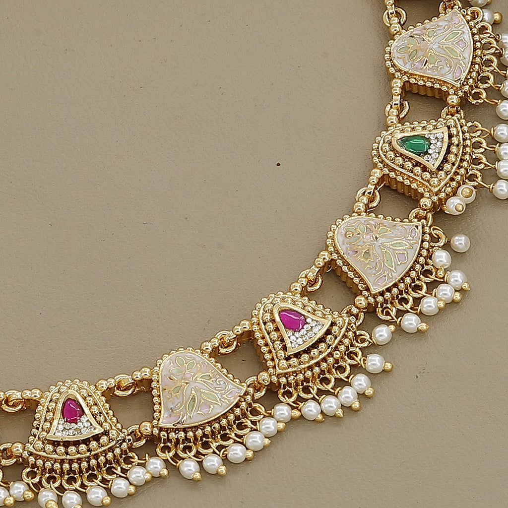Pink & White Meenakari Necklace Set with Heart Motifs