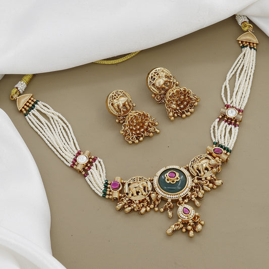 Traditional Gaja Pearl Necklace Set with Matte Gold Finish
