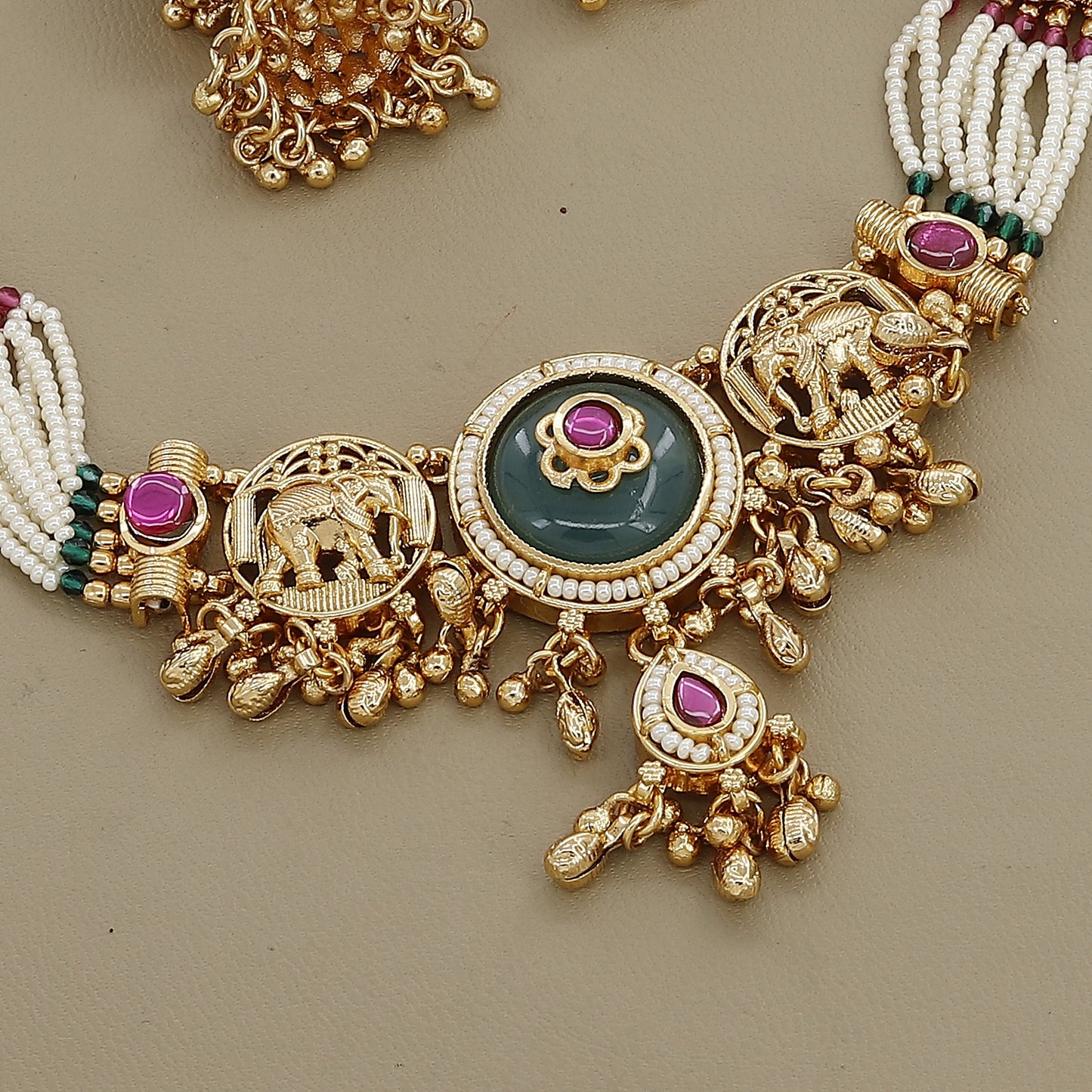 Traditional Gaja Pearl Necklace Set with Matte Gold Finish