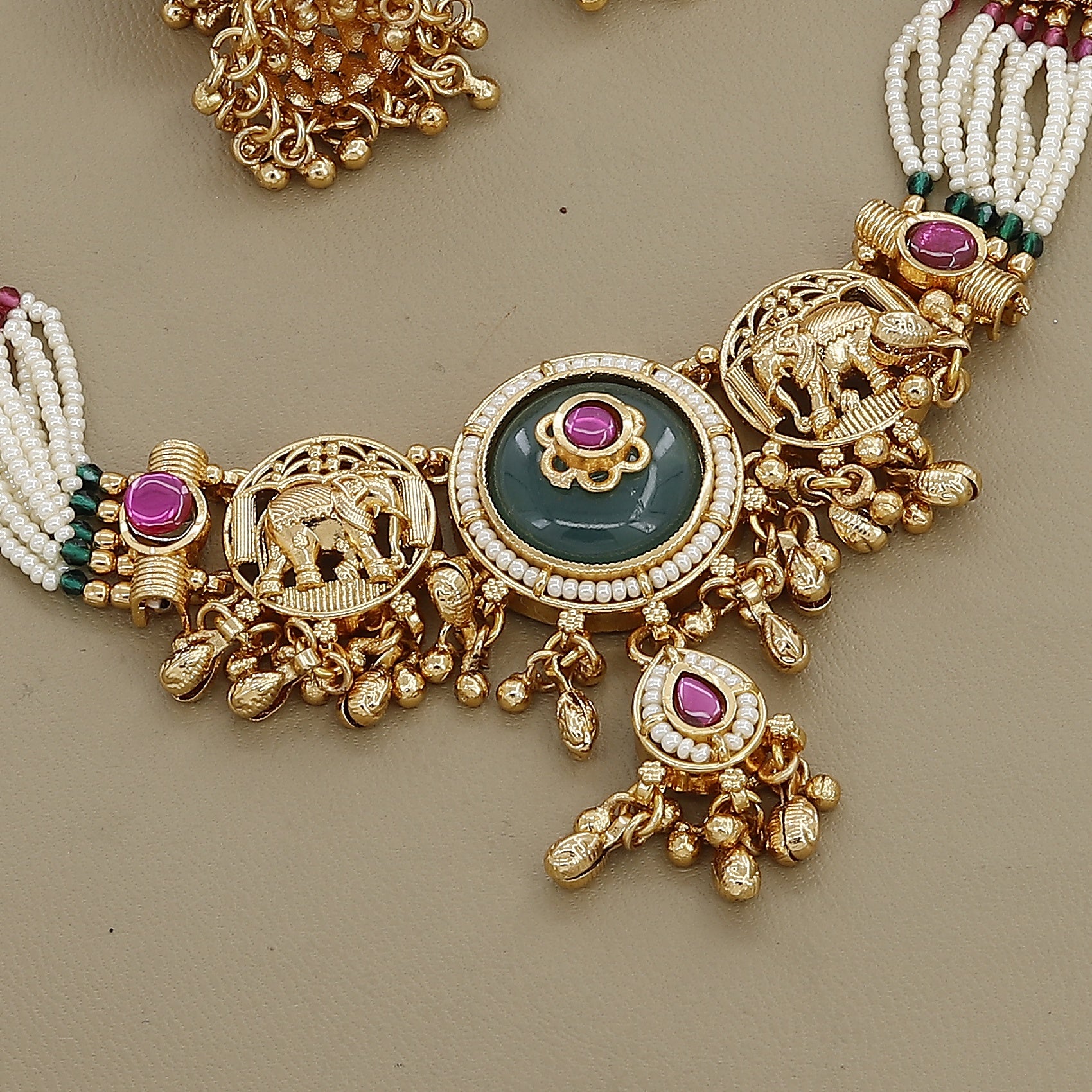 Traditional Gaja Pearl Necklace Set with Matte Gold Finish