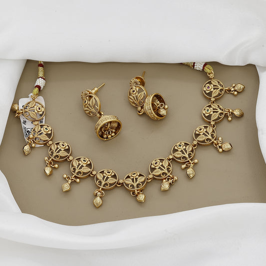Antique Gold Toned Necklace & Jhumka Earrings Set