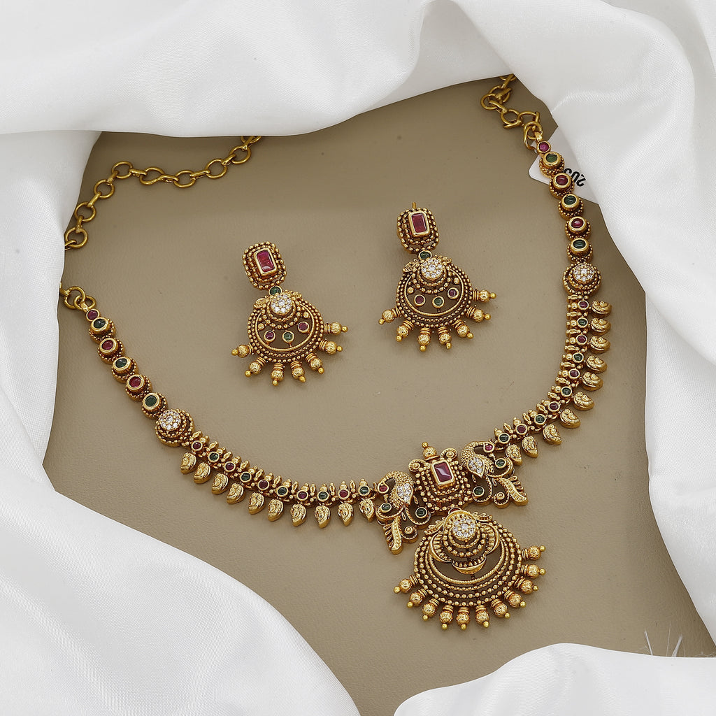 Traditional Temple Design Multi-Stone Antique Necklace Set