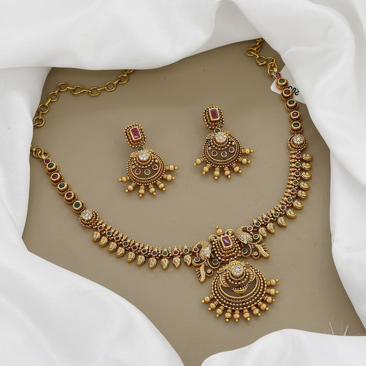 Traditional Temple Design Multi-Stone Antique Necklace Set
