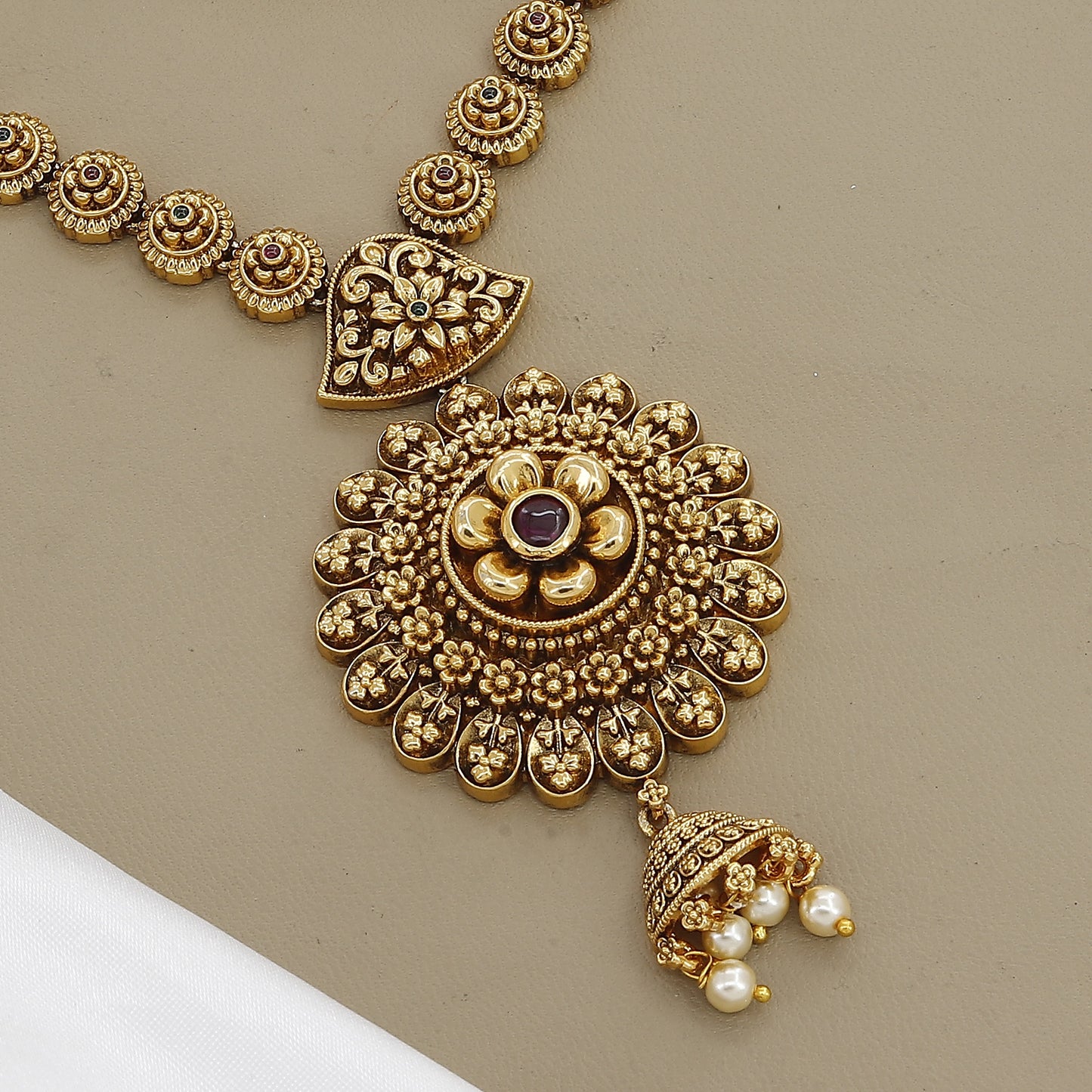 Temple Floral Pendant Antique Gold Tone Necklace Set