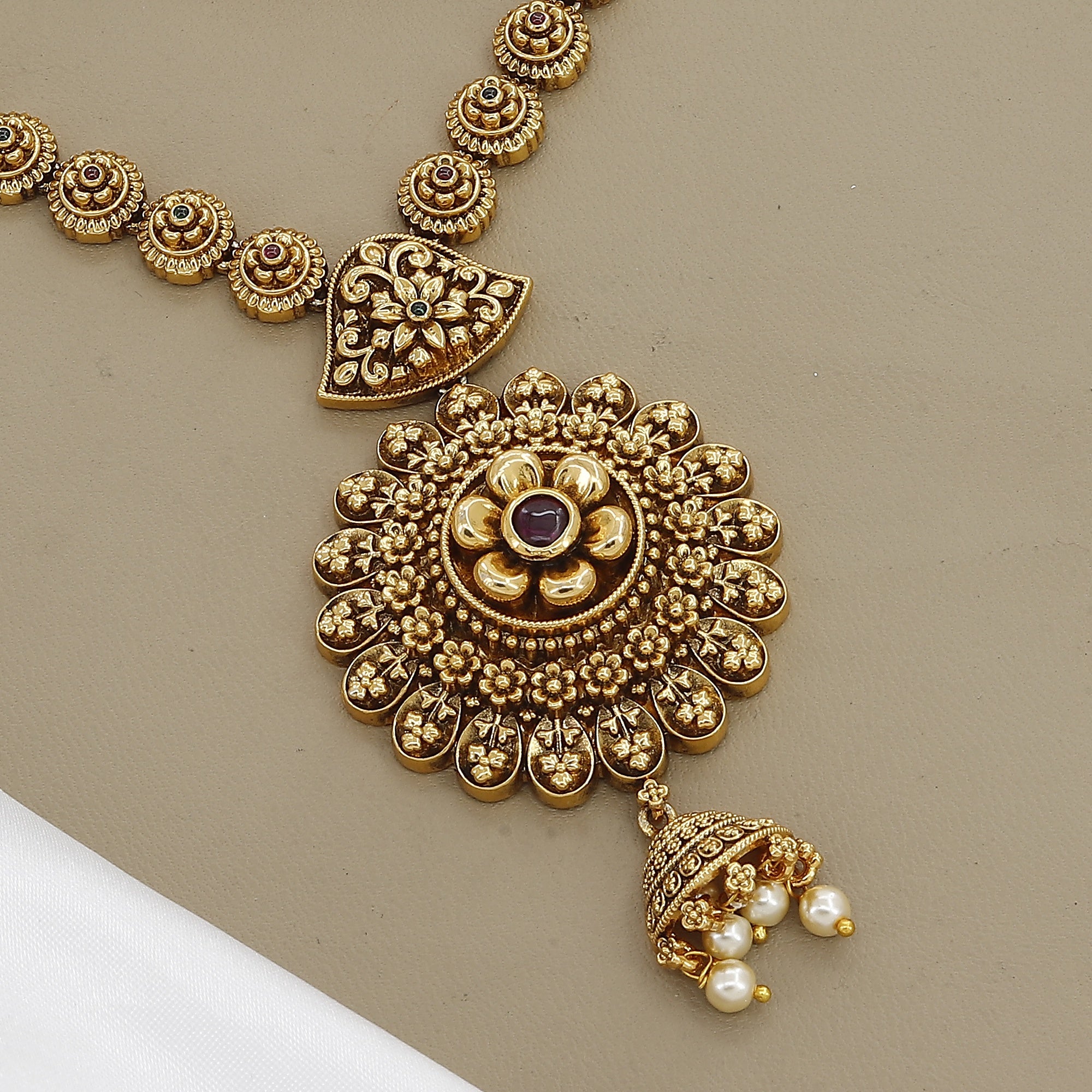 Temple Floral Pendant Antique Gold Tone Necklace Set