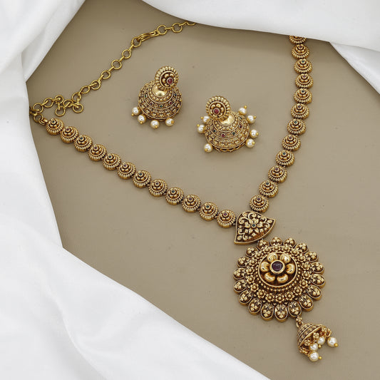Temple Floral Pendant Antique Gold Tone Necklace Set