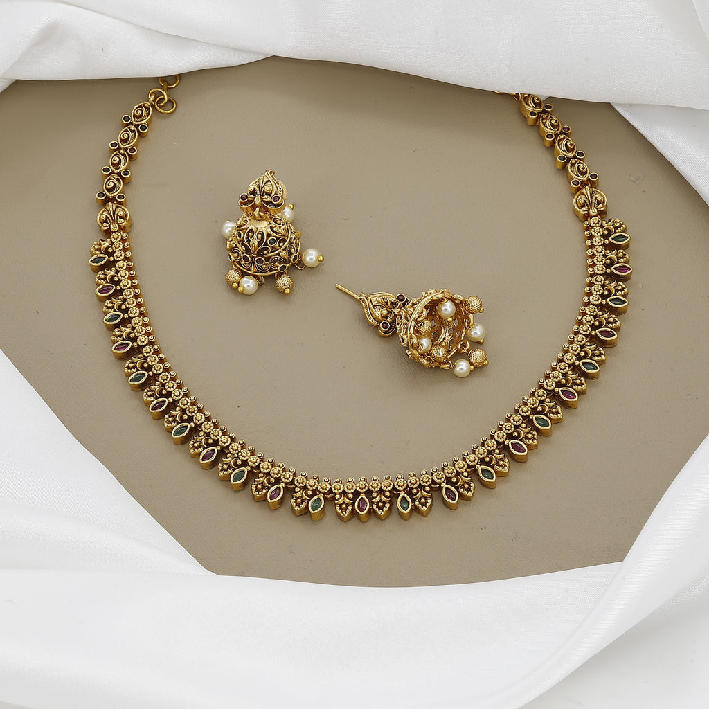 Ethnic South Indian Antique Finish Necklace & Jhumka Set