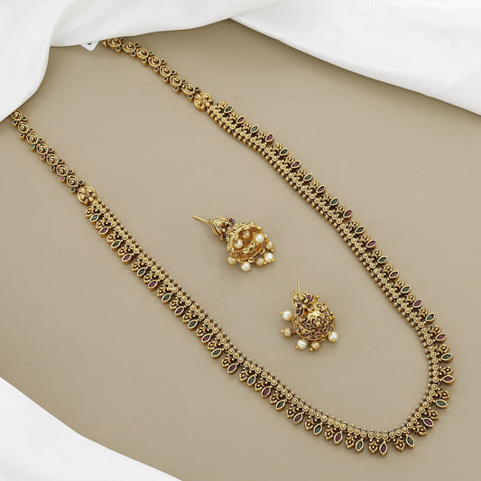 Ethnic South Indian Gold-Tone Haaram Necklace & Jhumka Set