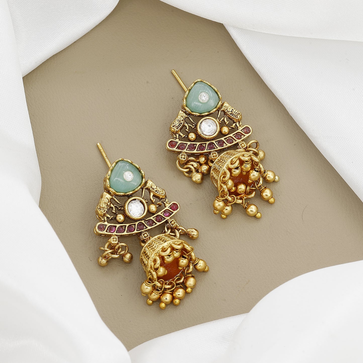 Unique Antique Jhumka Earrings with Green Stone(Medium)